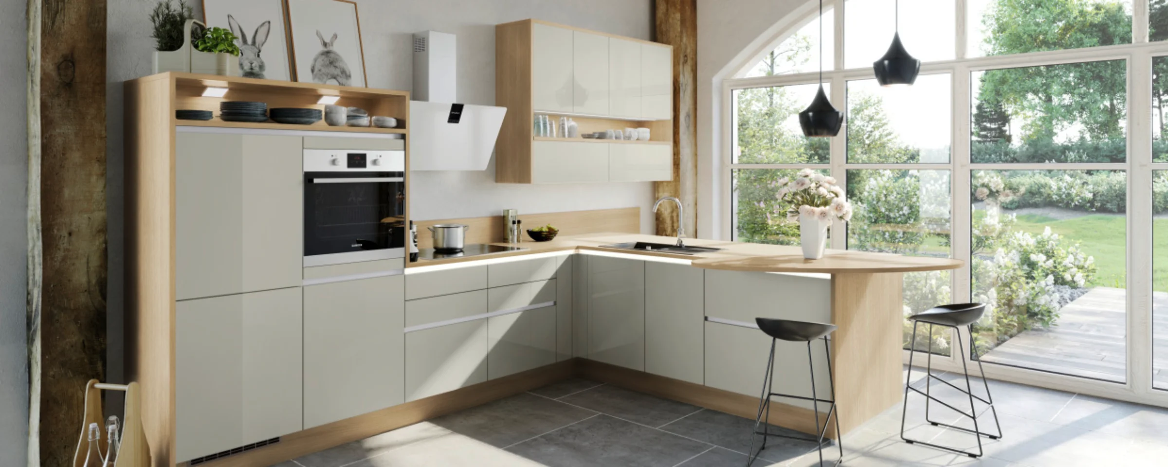 A modern kitchen with wood accents and large windows, Express Küchen.