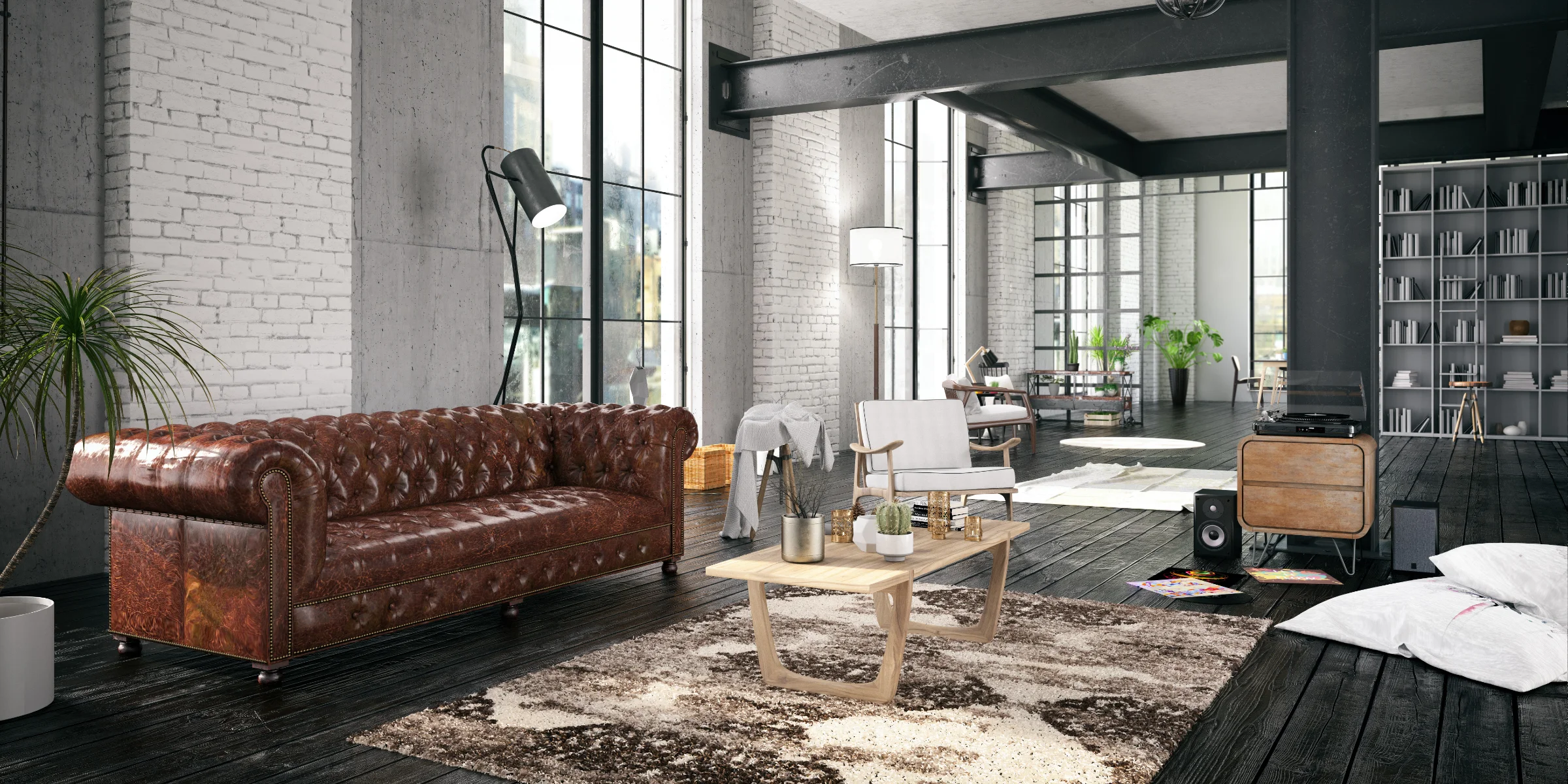 Elegante zona giorno con divano in pelle marrone e tappeto, arredamento moderno di Nolte Living.