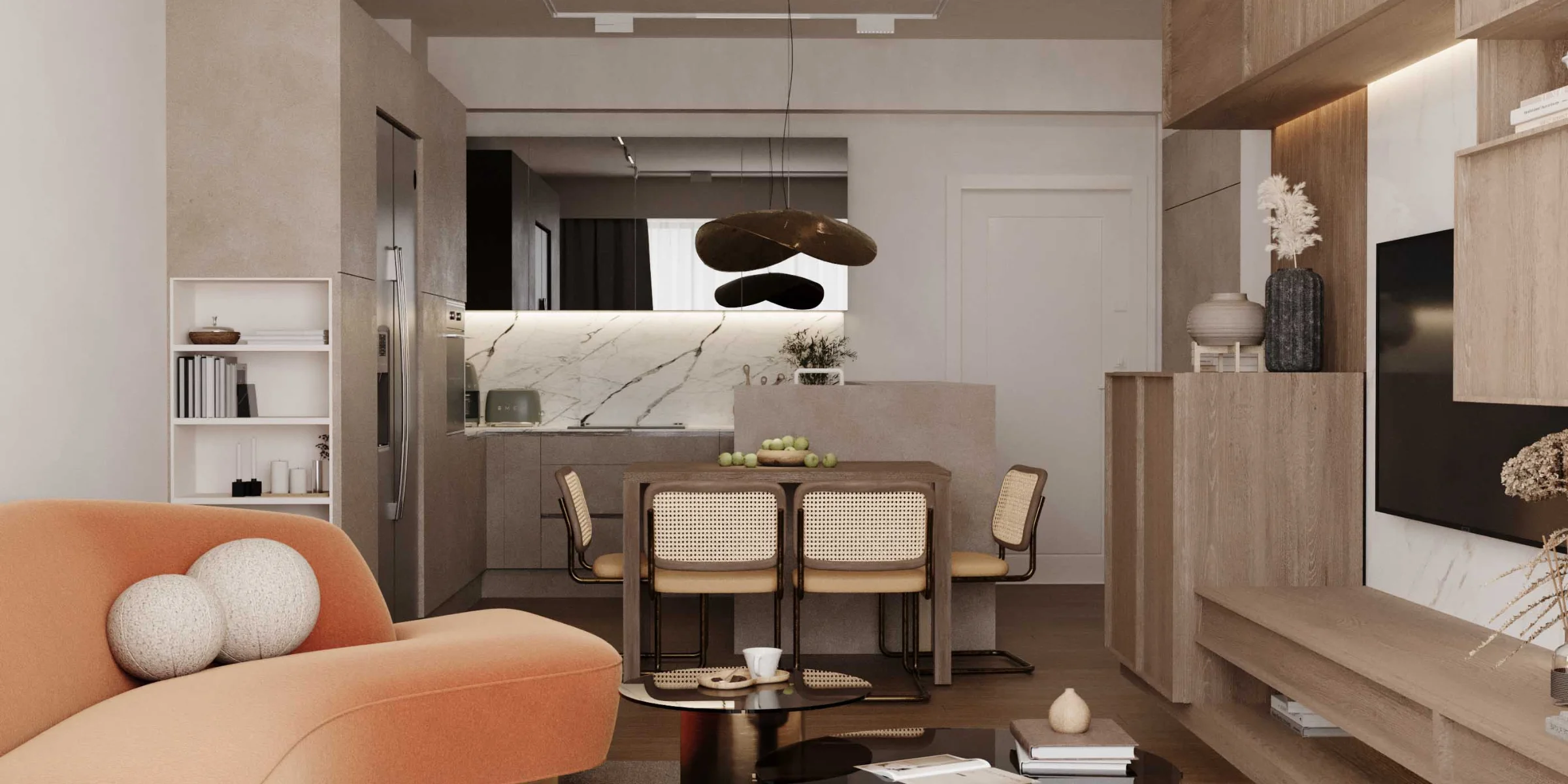 Soggiorno moderno con zona pranzo in legno, arredato con stile. Nolte Living.