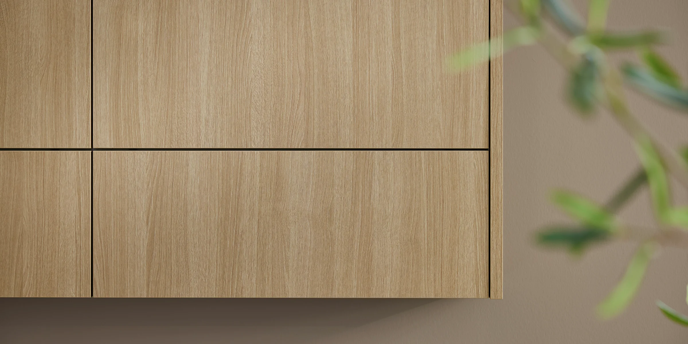 Armadio in legno in una cucina moderna con piante in primo piano, Nolte Kitchen.