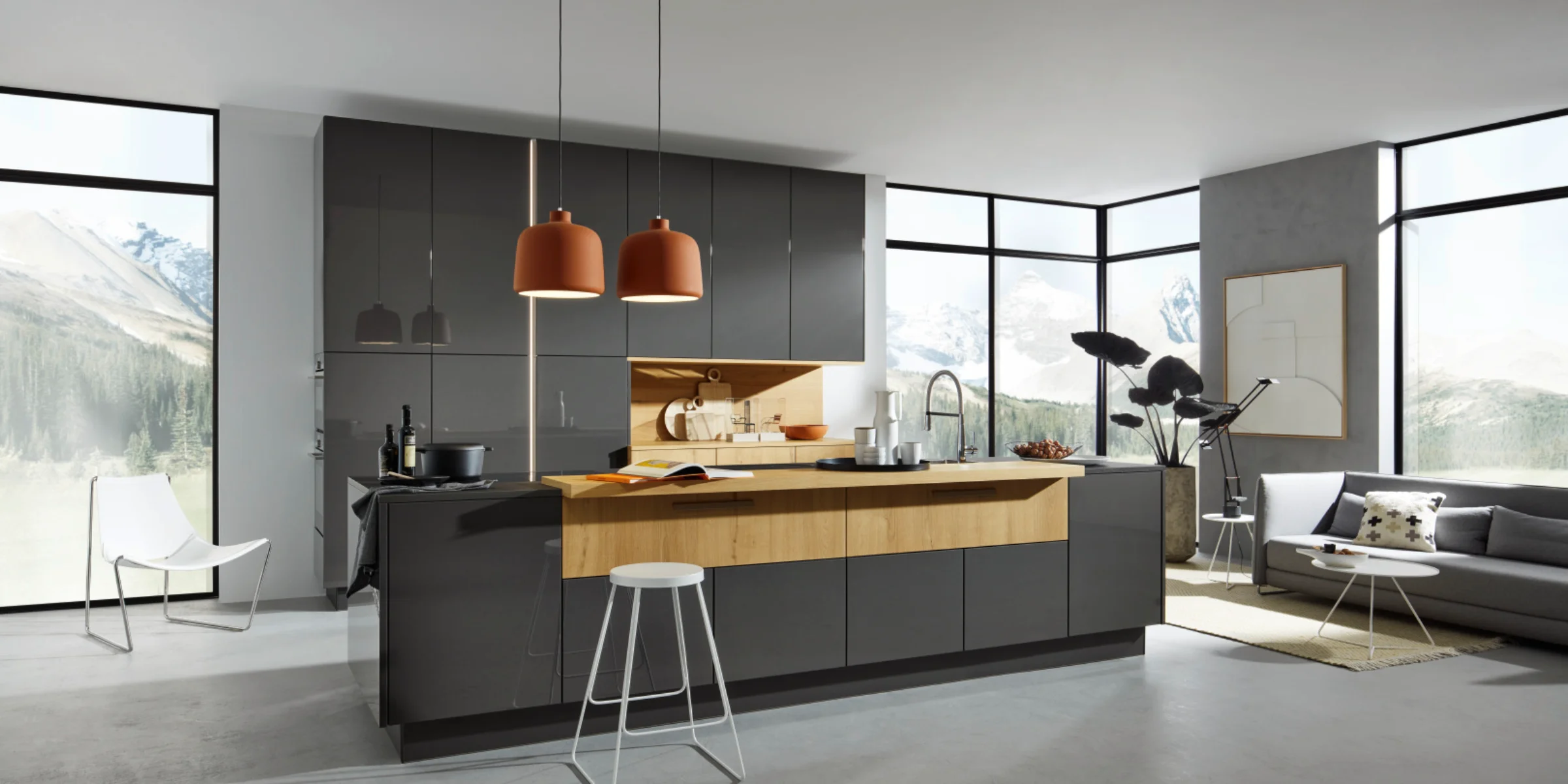 Cucina moderna con isola e grandi finestre, design Nolte Kitchen.