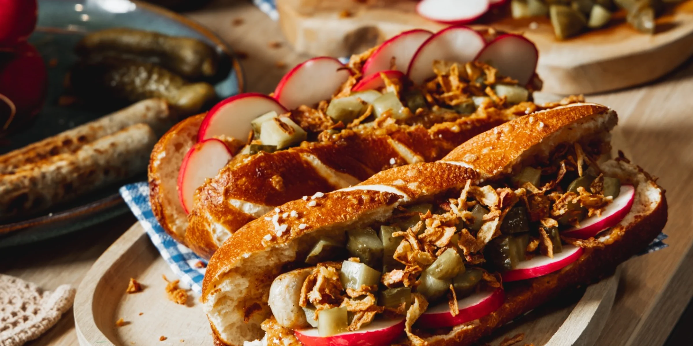 Hot dog in panino bretzel con salsiccia, ravanelli, cetriolini e cipolle croccanti, servito su un tagliere di legno.