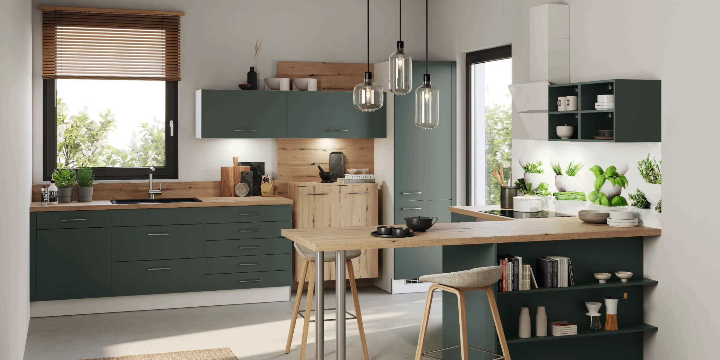 Cuisine moderne avec armoires vertes et détails en bois. Express Küchen.