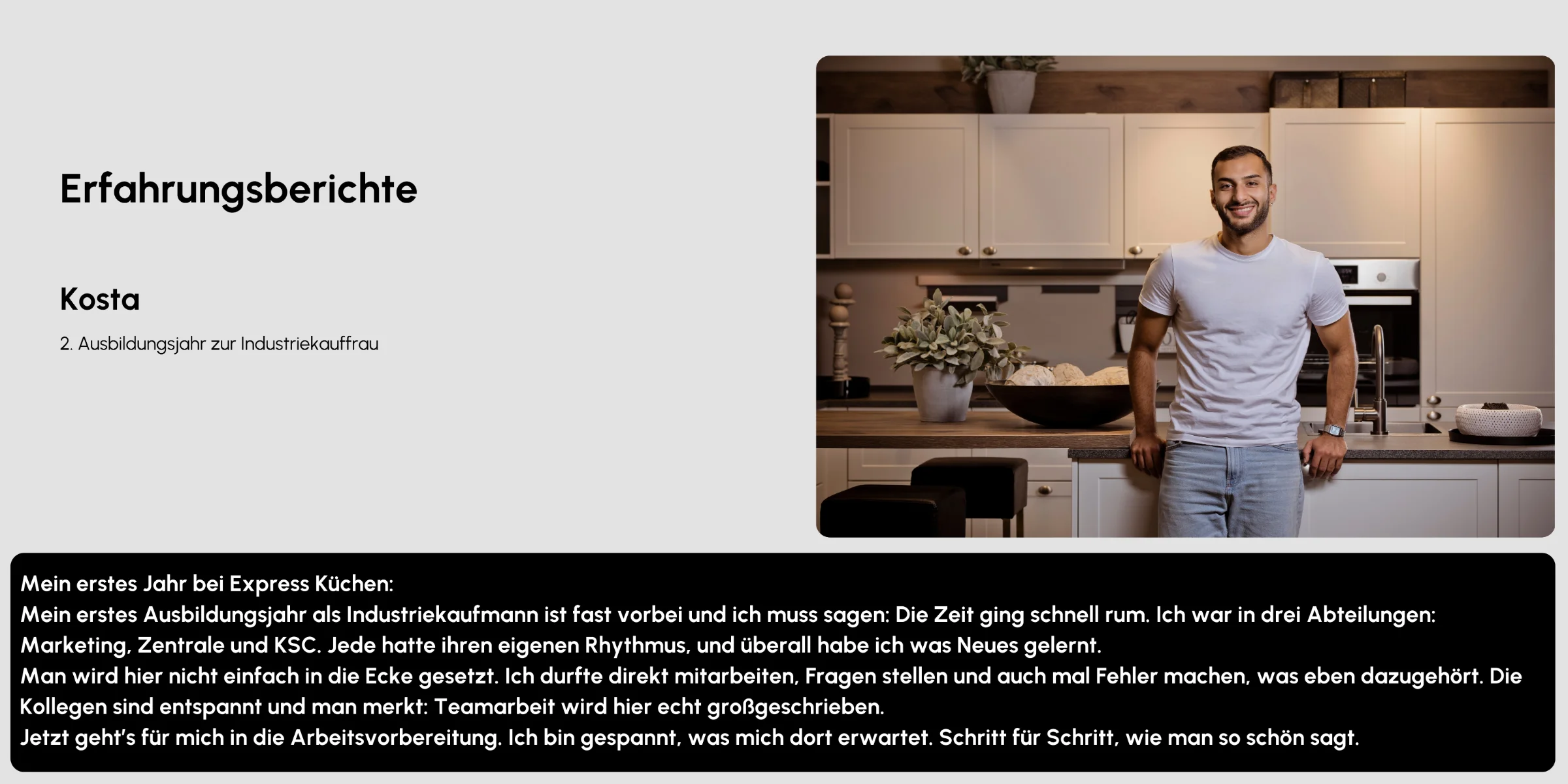 Eine Person steht lächelnd in einer modernen Küche von Express Küchen.