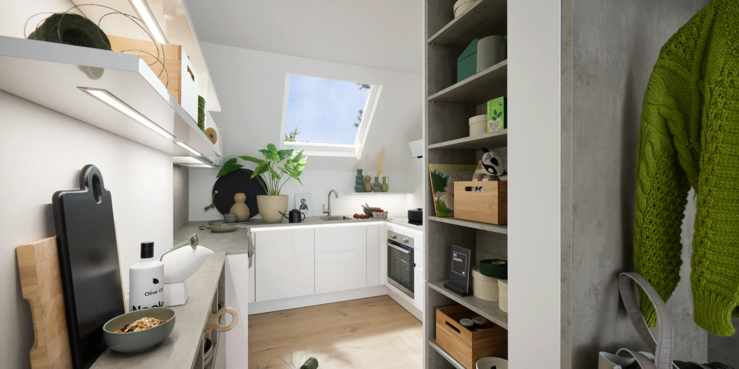 Cucina moderna con armadi bianchi e lucernario, progettata da Nolte Kitchen.