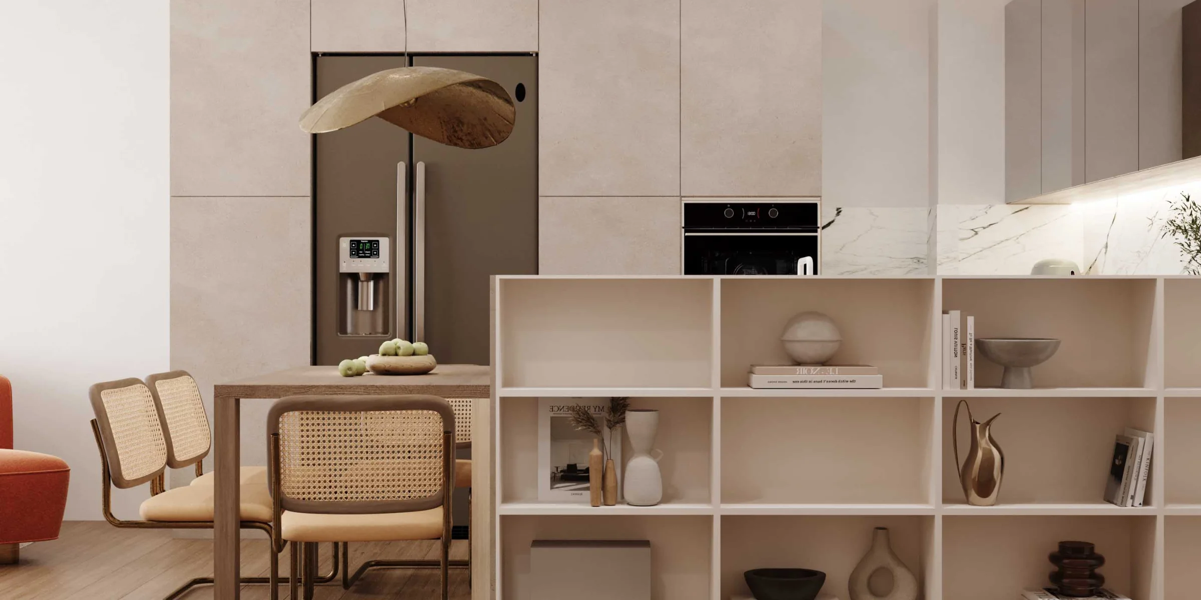 Cucina moderna con tavolo da pranzo e scaffali, design di Nolte Kitchen.
