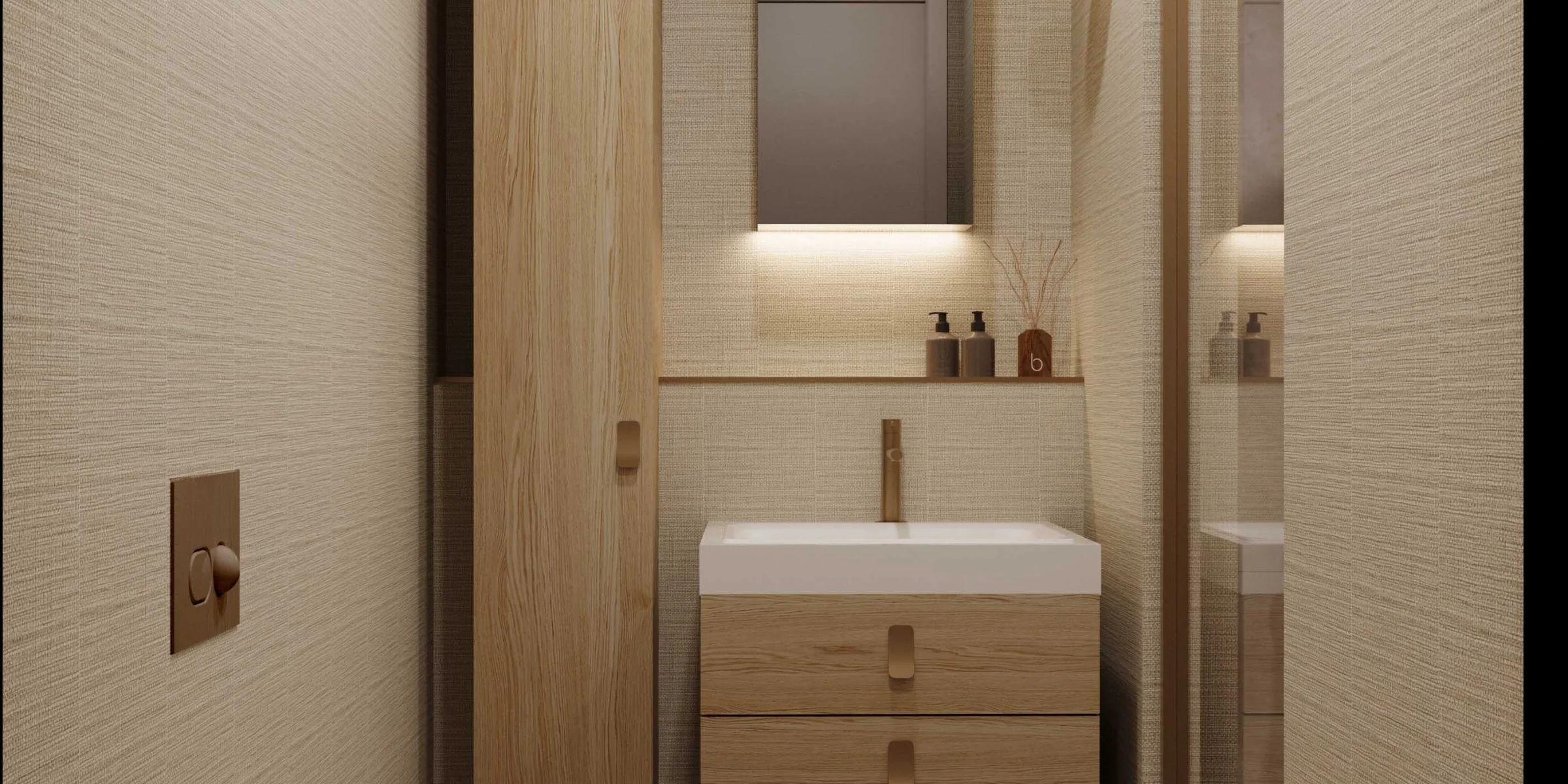 Bagno moderno con accenti in legno, lavabo e specchio; Design Nolte SPA.