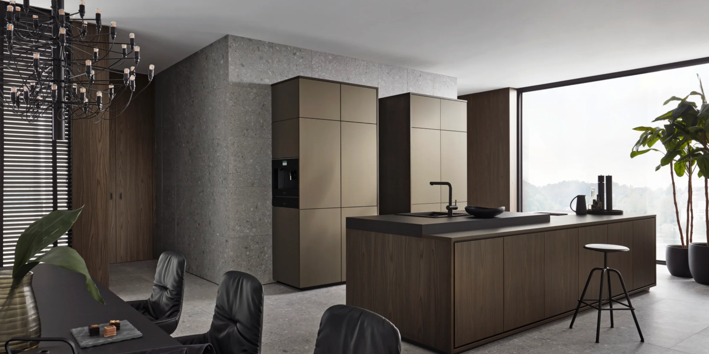 Cucina moderna con isola e tavolo da pranzo in open space, Nolte Kitchen.