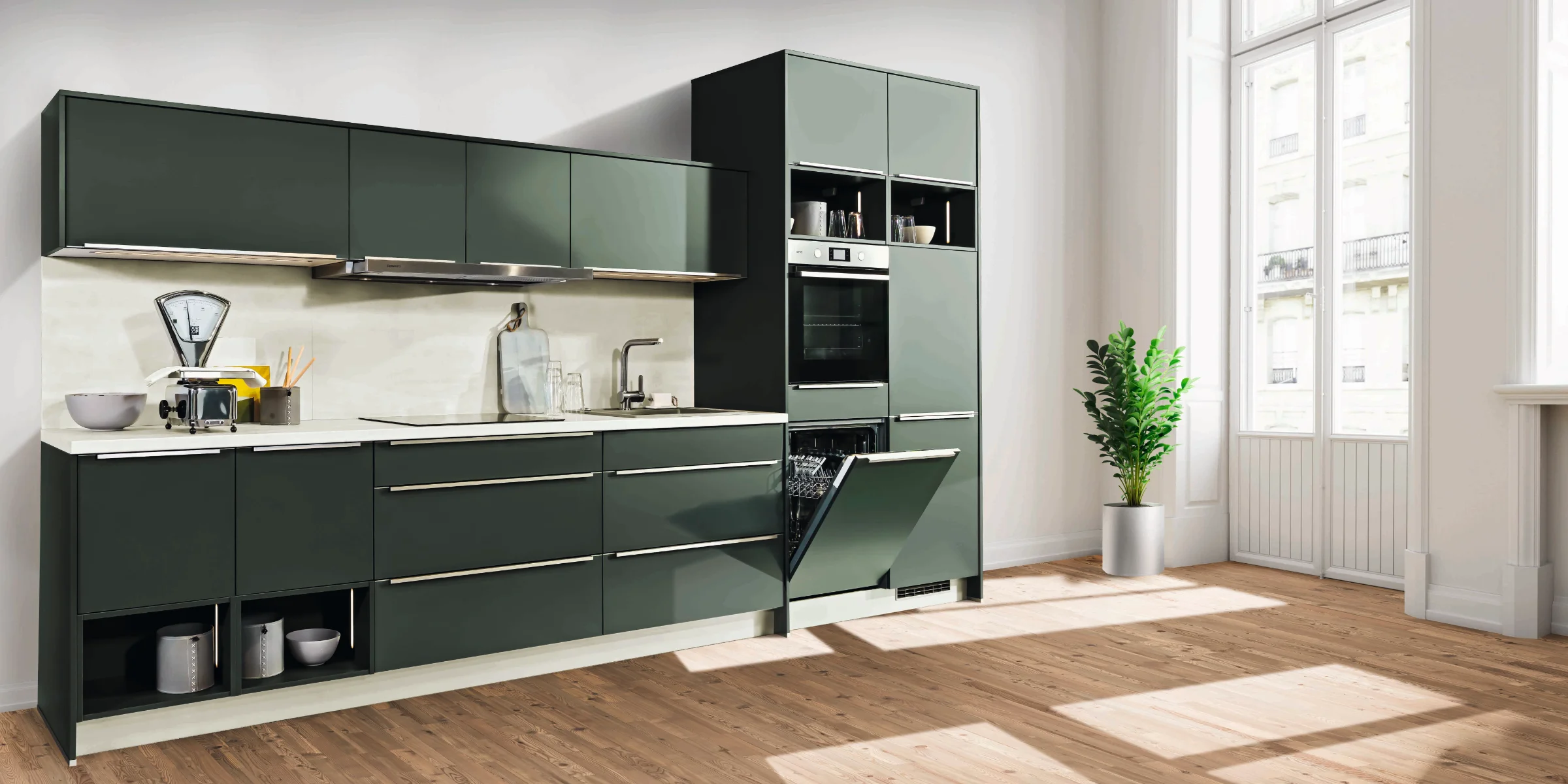Cuisine moderne verte avec murs clairs et sol en bois par Express Küchen.