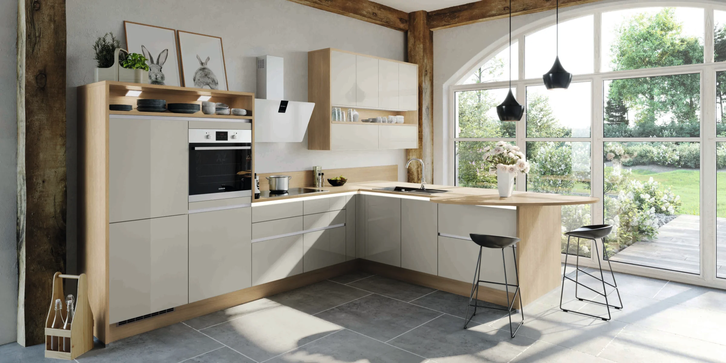 Une cuisine moderne avec des détails en bois et de grandes fenêtres offre une ambiance élégante. Express Küchen.