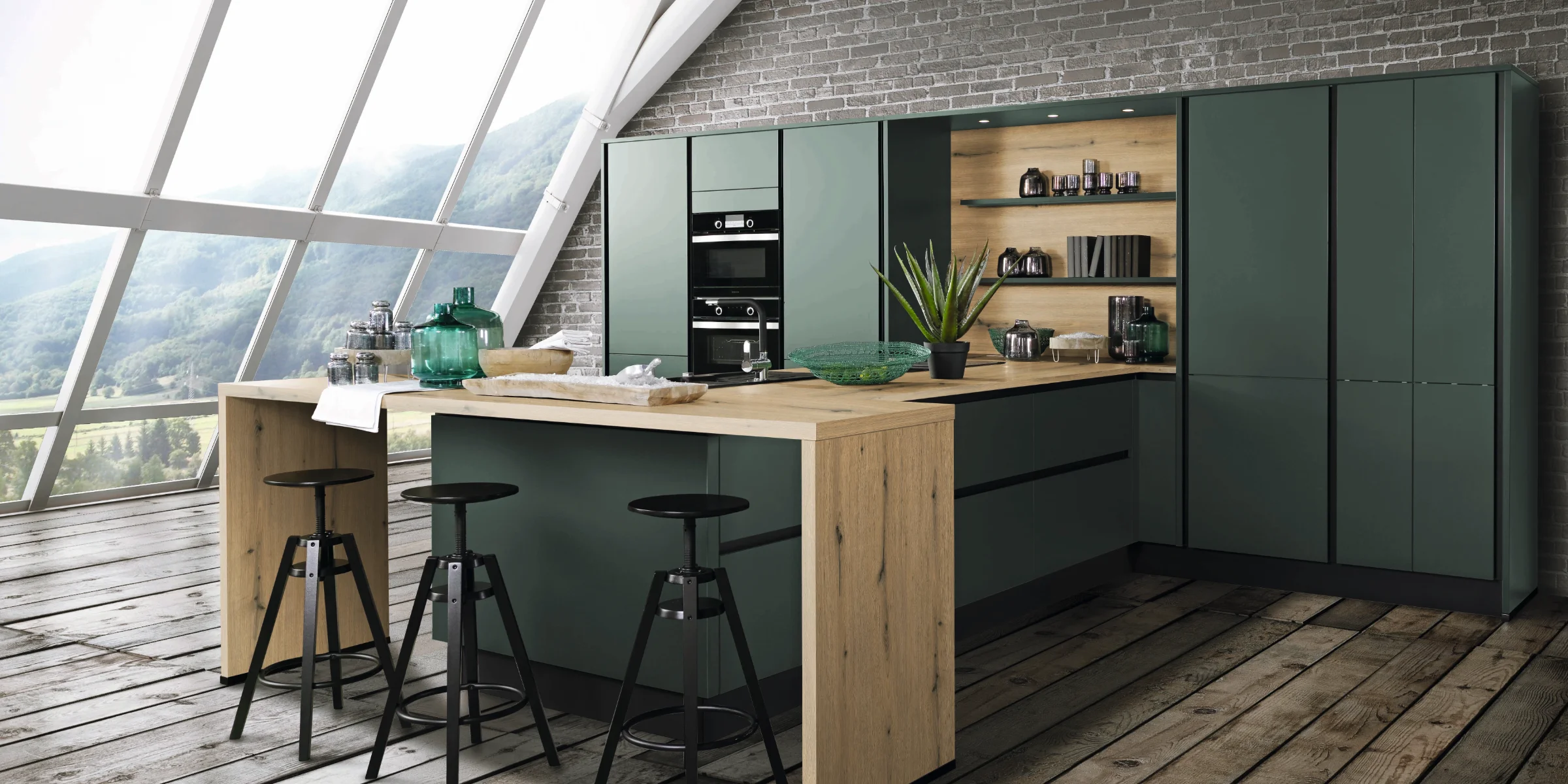 In der modernen Küche mit grünen Schränken und Holztheke steht "Express Küchen" für stilvolles Design.
