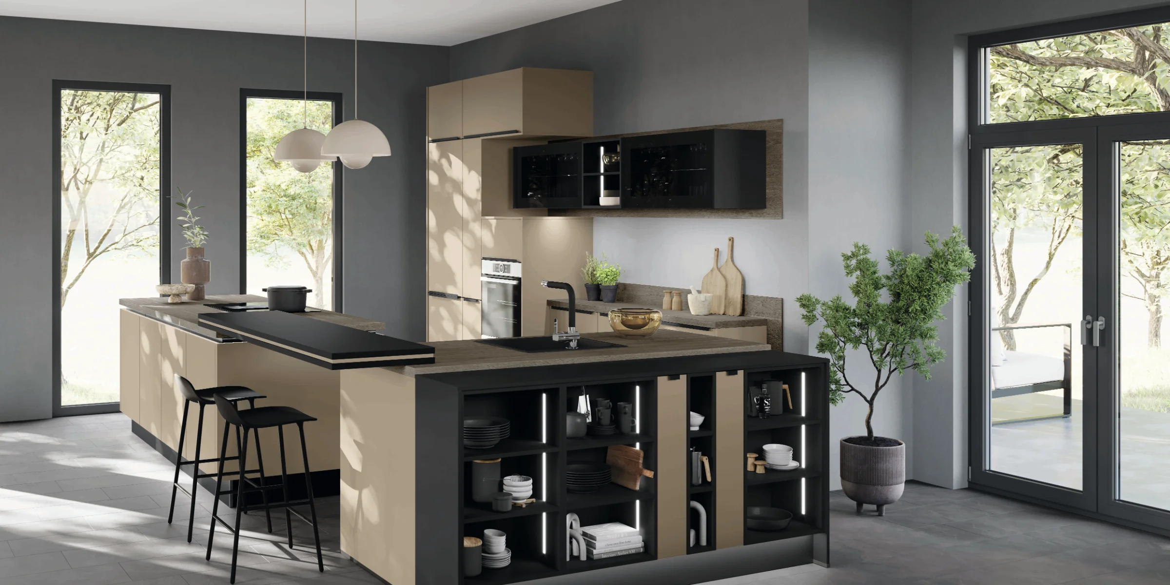 Cuisine moderne avec îlot et tabourets devant grandes fenêtres. Express Küchen.