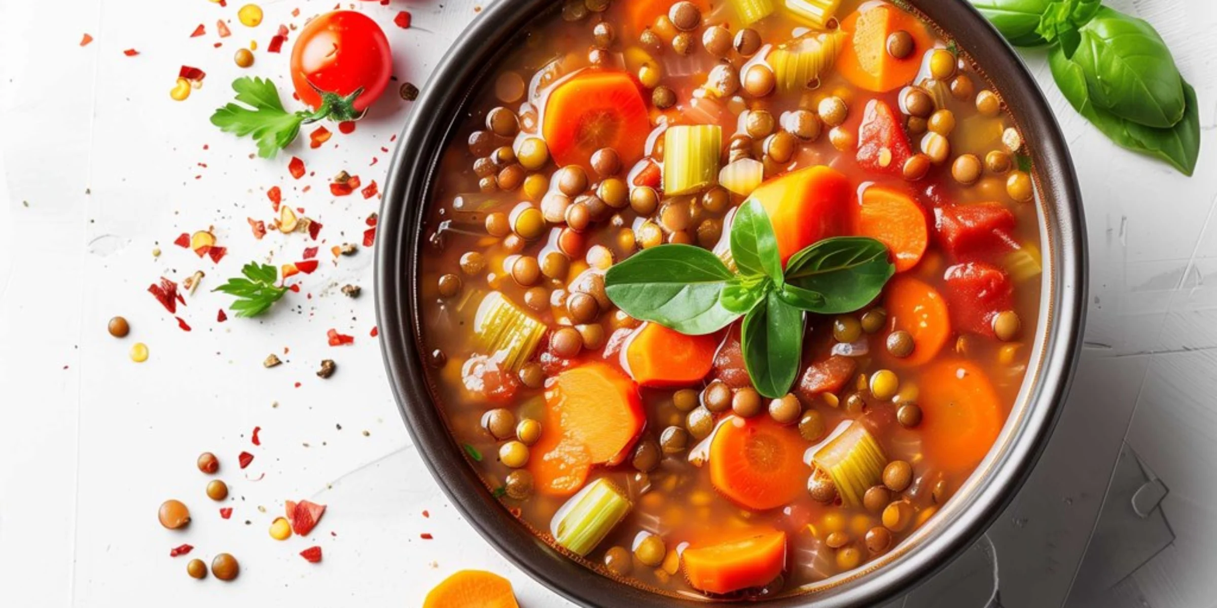 Un piatto di zuppa di lenticchie, guarnito con erbe fresche, circondato da pomodori e spezie.