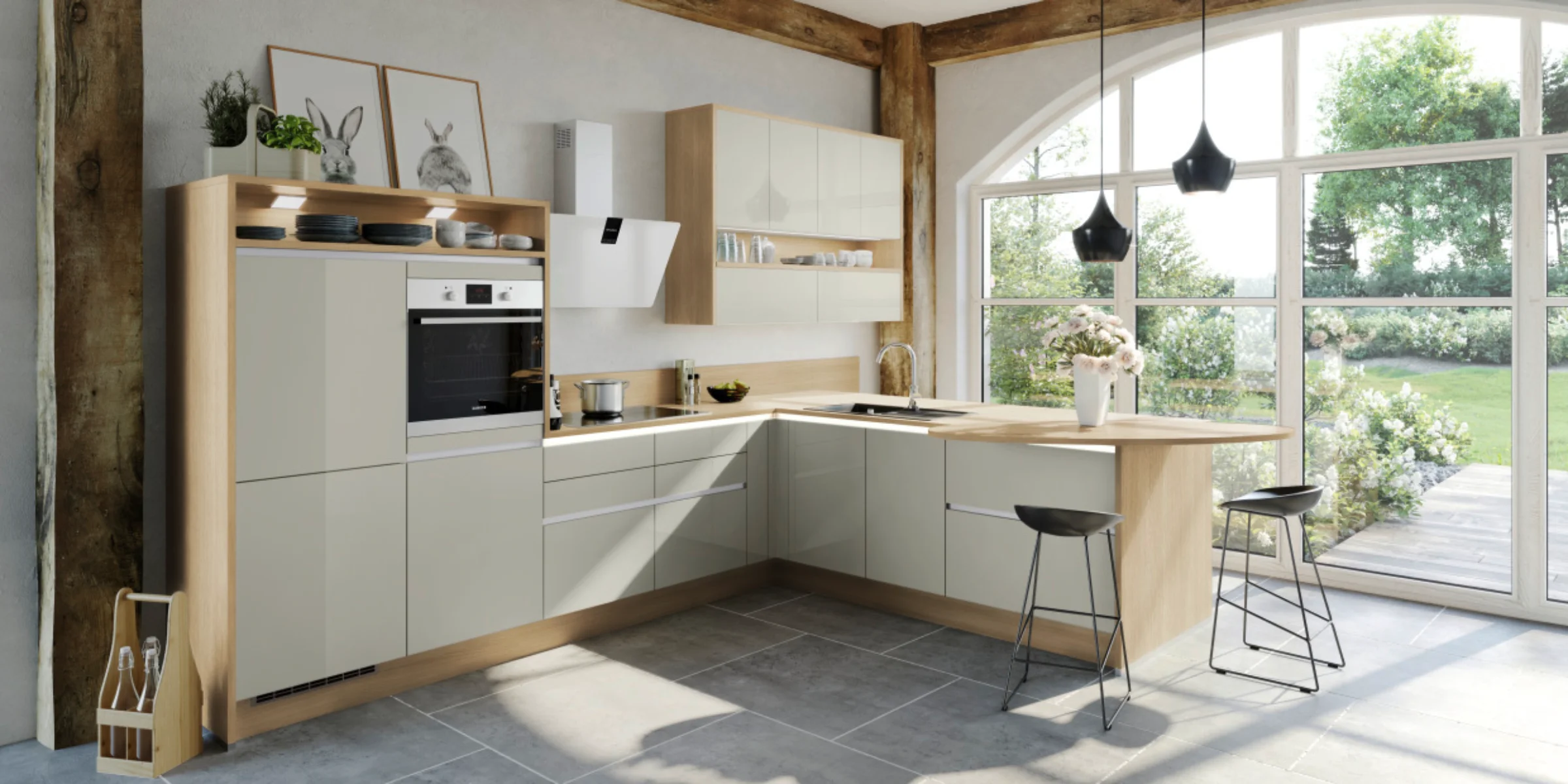 A modern kitchen with wood accents and large windows, Express Küchen.
