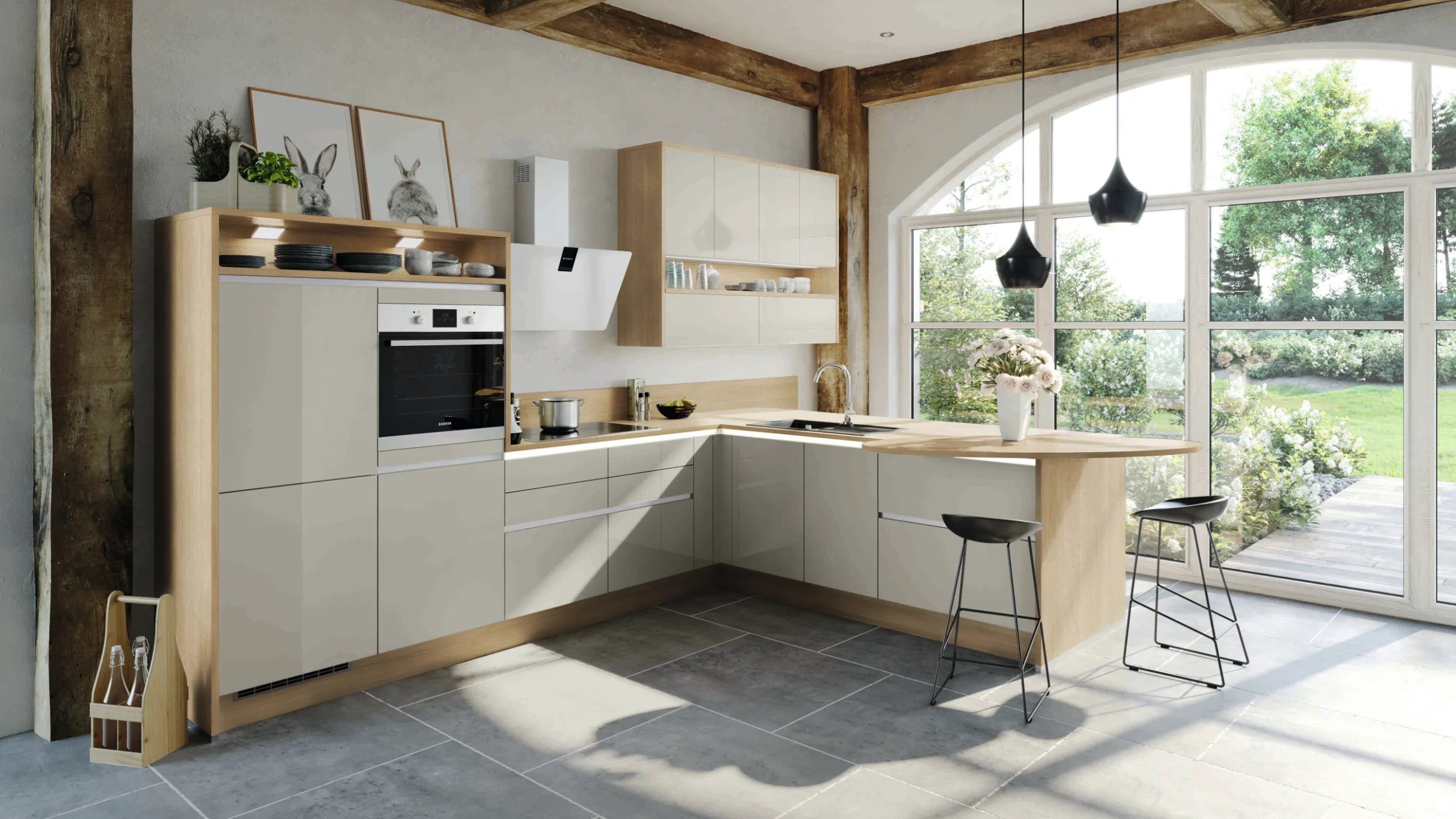 Cuisine moderne en bois et blanc, grandes fenêtres, tabourets. Express Küchen.