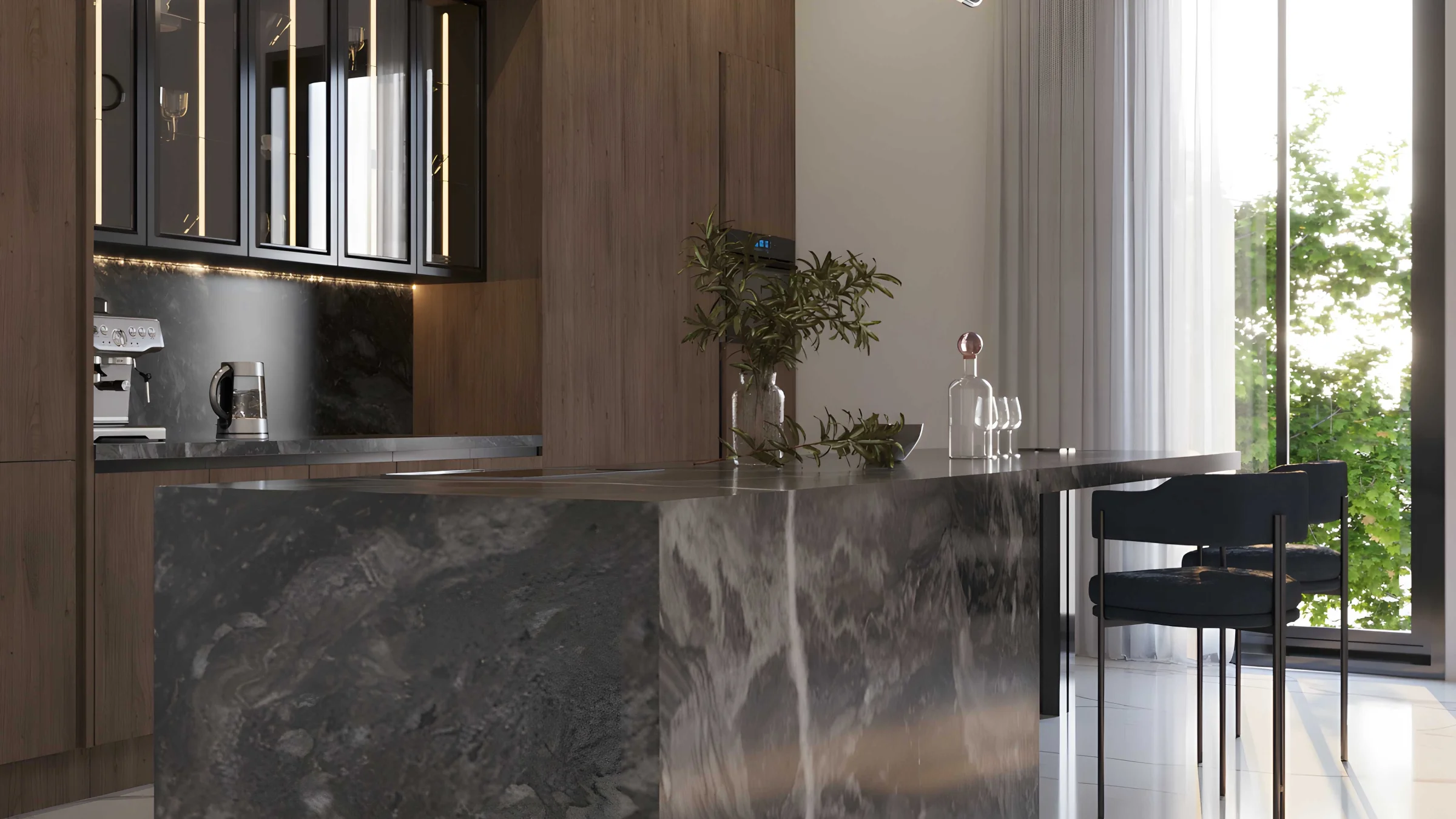 Cucina moderna con isola in marmo e elementi in legno, illuminata dalla luce naturale, di Nolte Kitchen.