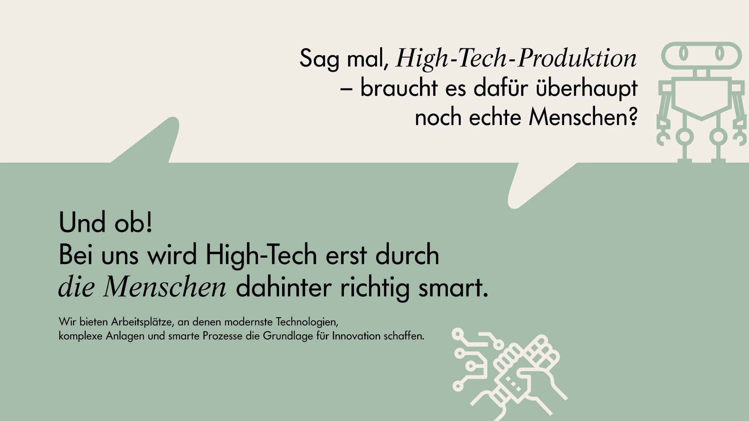 Poster sulla produzione high-tech con illustrazioni di robot e persone.