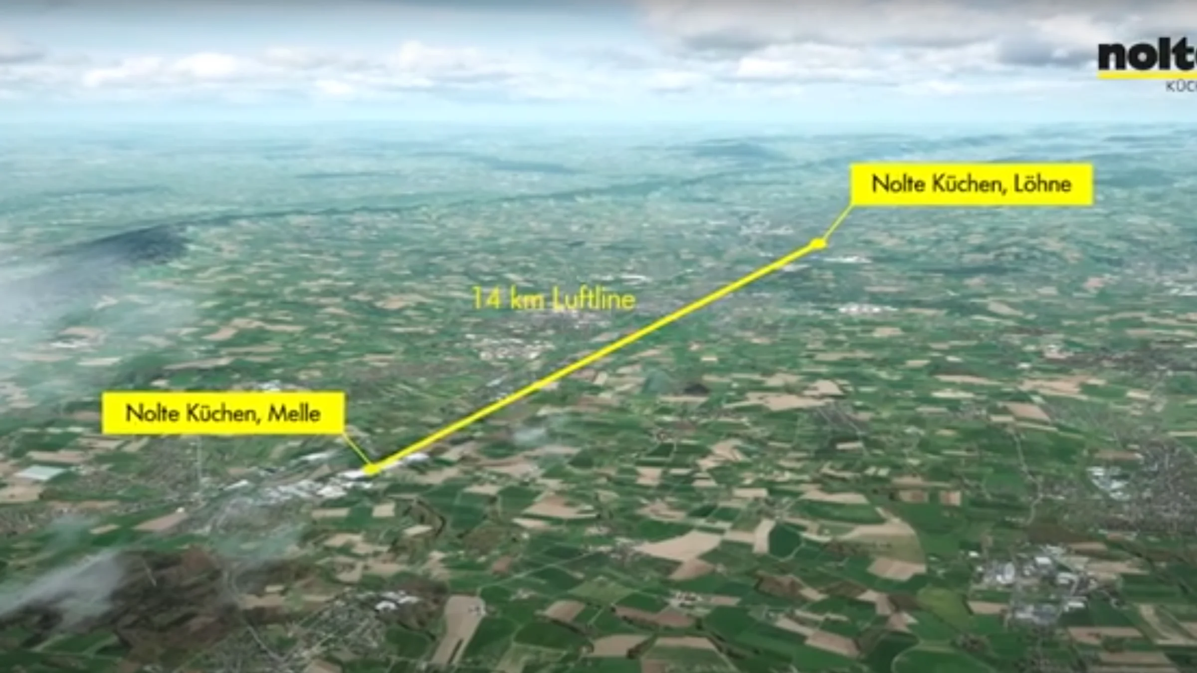 Vista aerea dei siti Nolte Kitchen a Melle e Löhne, collegati da una linea retta di 14 km.