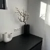 Su un piano di lavoro nero ci sono un vaso bianco e uno nero con un ramo, in stile Nolte Living.