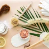 Utensili per pulizia naturale, fetta di limone e sale su sfondo chiaro.
