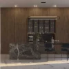Cucina moderna con pareti in legno scuro e isola in marmo, arredata da Nolte Kitchen.