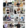 Persone in diversi ambienti di lavoro, sorridenti e con attrezzi.