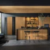 Cucina moderna con frontali in legno e isola sotto soffitto in legno, progettata da Nolte Kitchen.