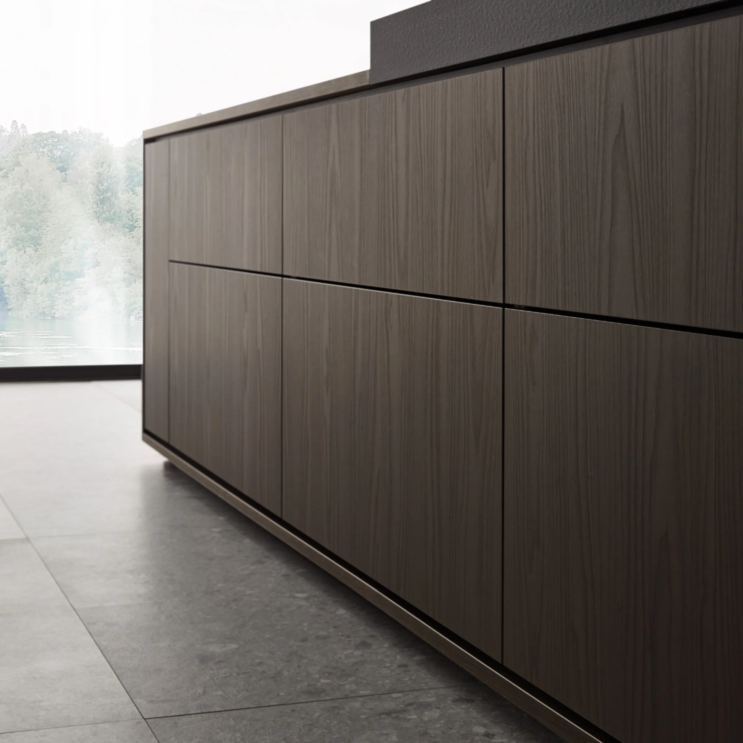 Cucina moderna con frontali in legno e vista esterna, progettata da Nolte Kitchen.