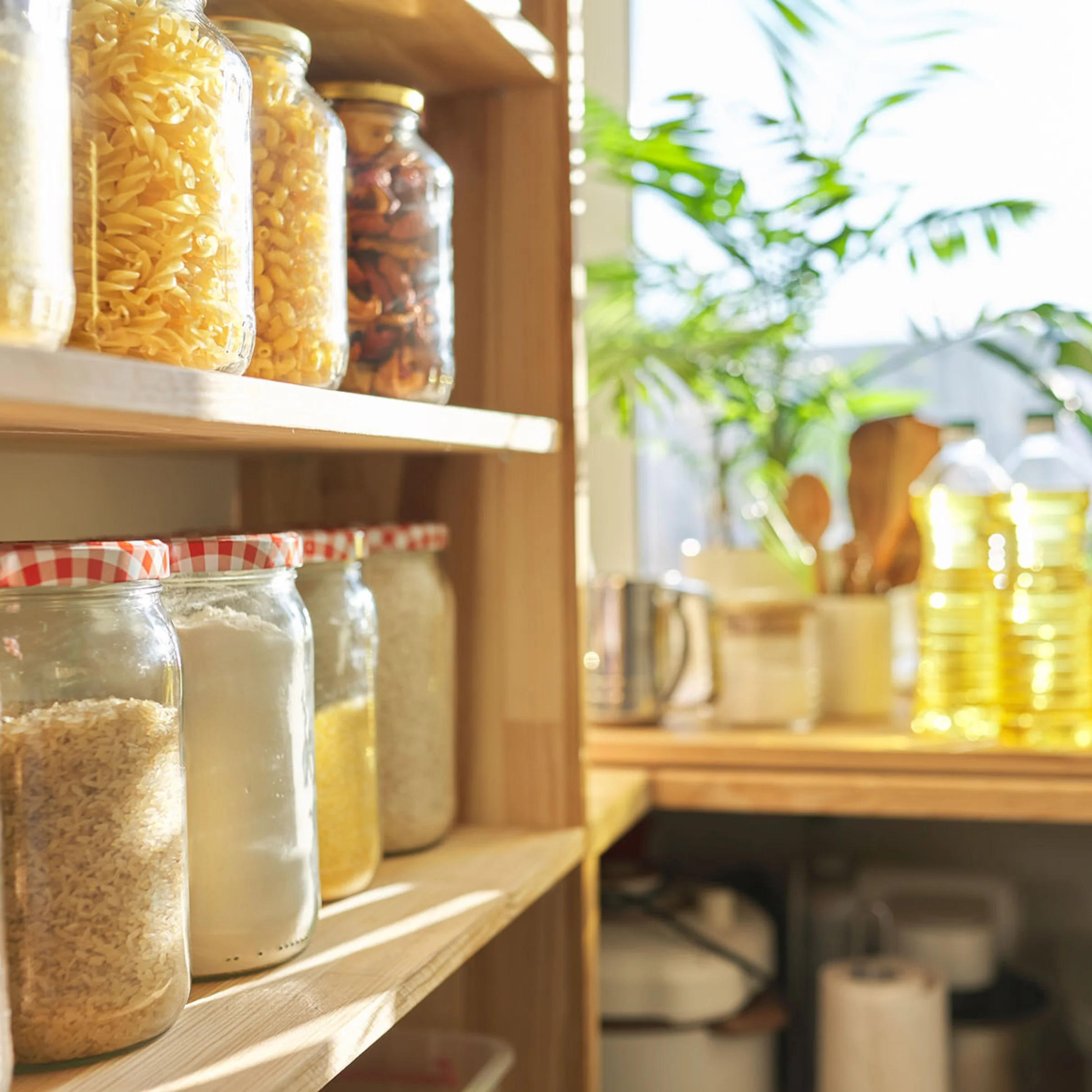 Scaffali da cucina con cibo alla luce del sole, piante e utensili sullo sfondo. Nolte Kitchen.