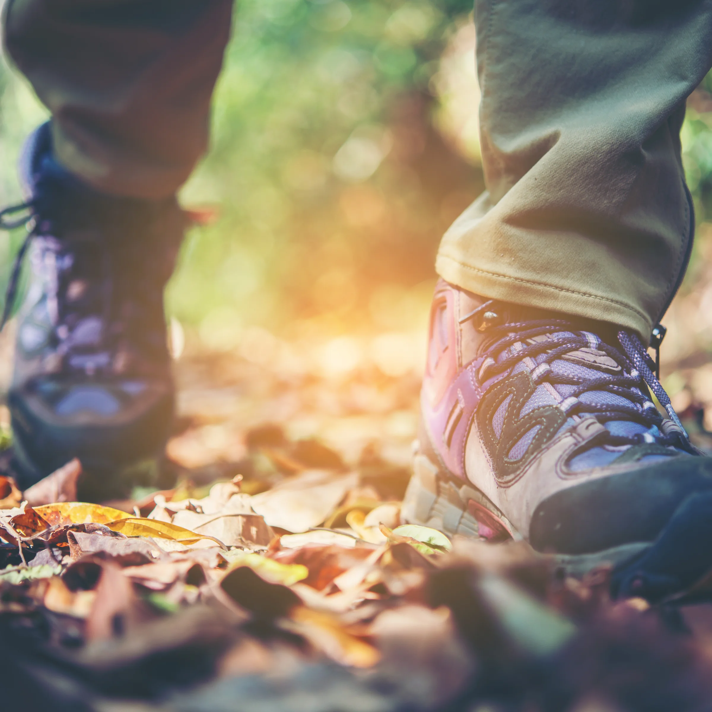 Un escursionista cammina su un sentiero forestale coperto di foglie con scarpe da trekking.
