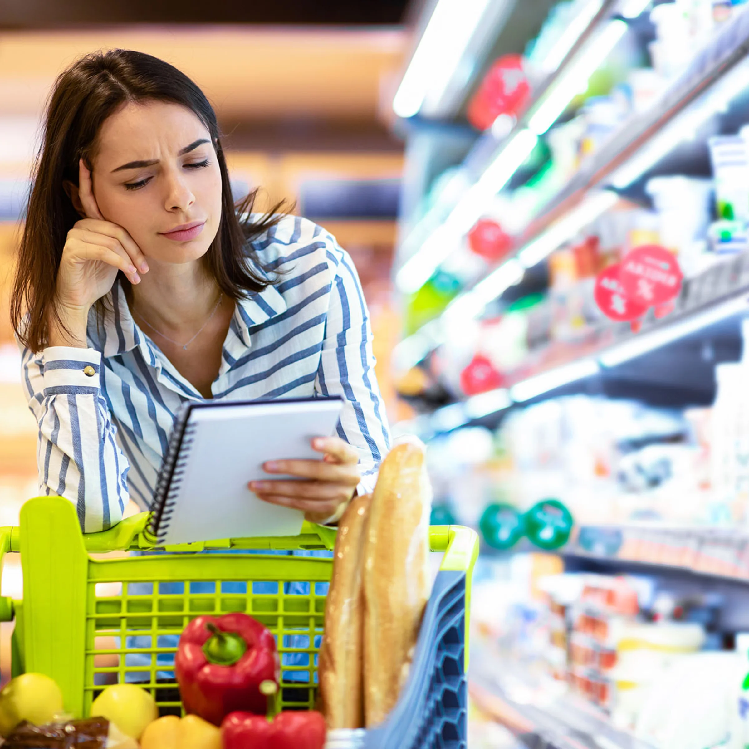 Una donna guarda pensierosa una lista della spesa al supermercato.
