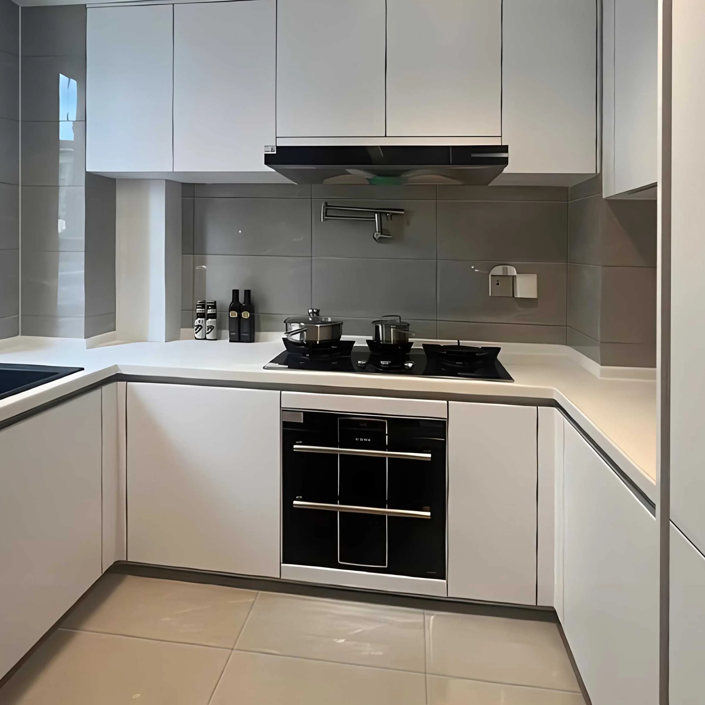 Cucina moderna bianca con lavello angolare e piano cottura di Nolte Kitchen.