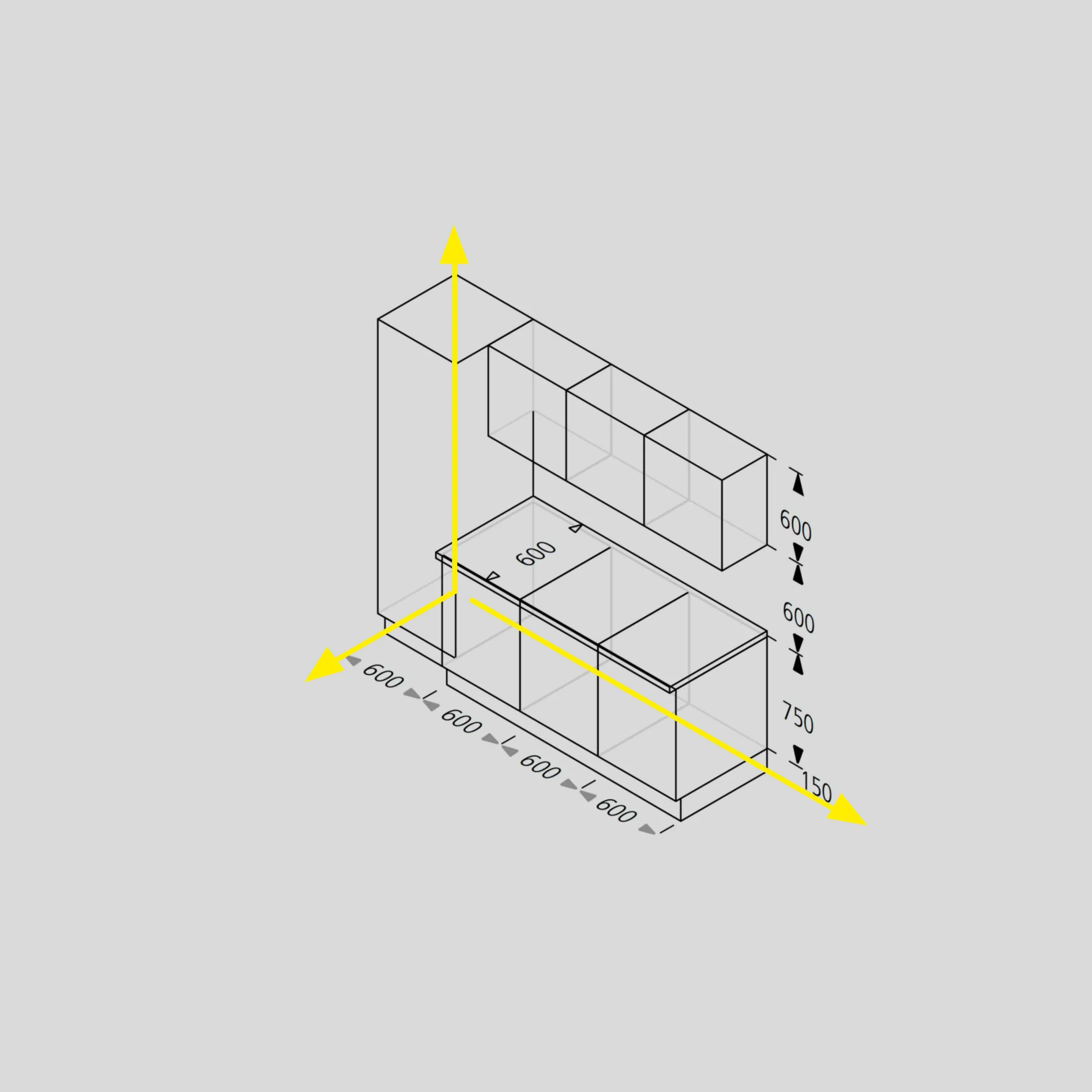 Ein Küchenlayout mit Schränken und Maßen wird dargestellt. Express Küchen.