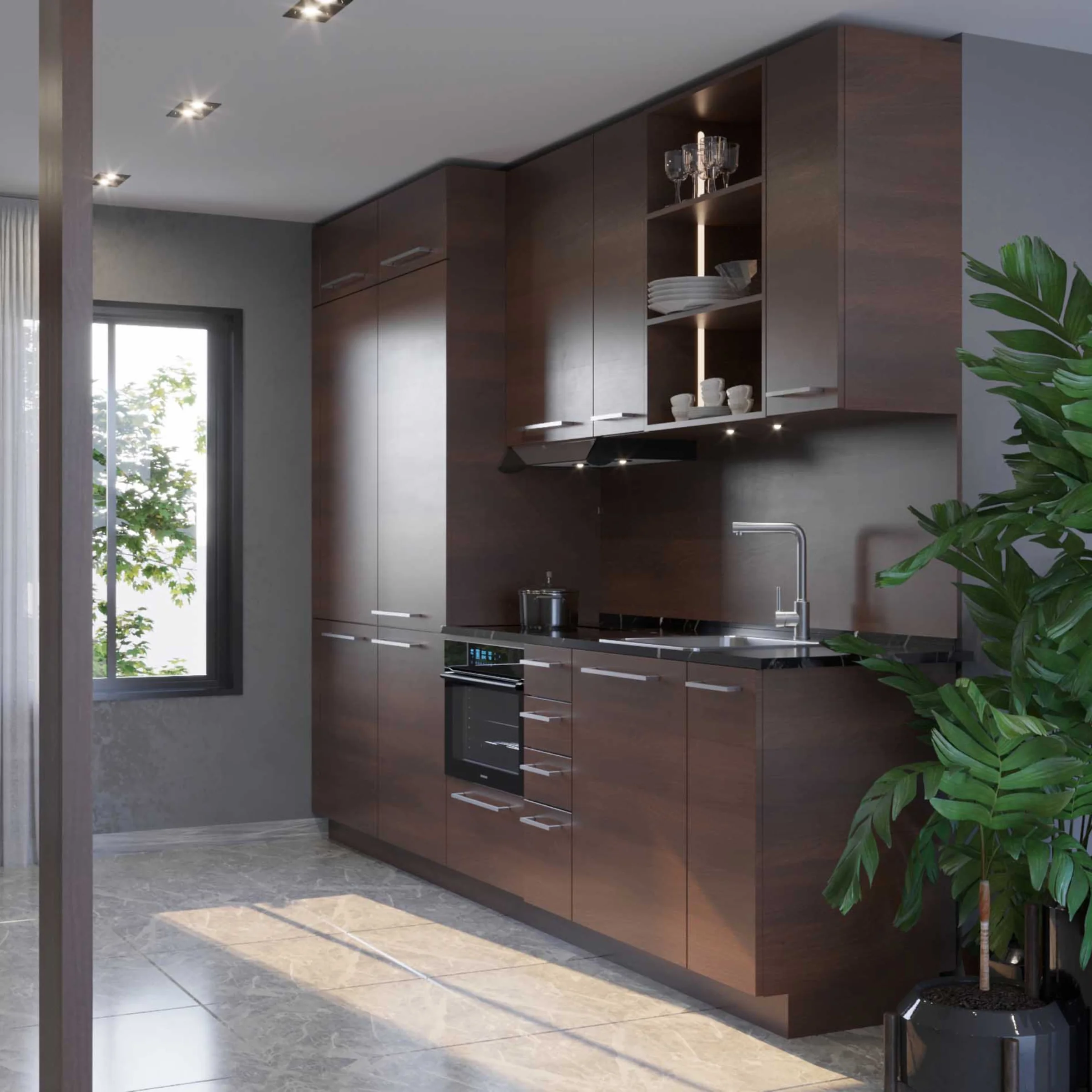 Cucina moderna con armadi in legno scuro e grandi piante, Nolte Kitchen.