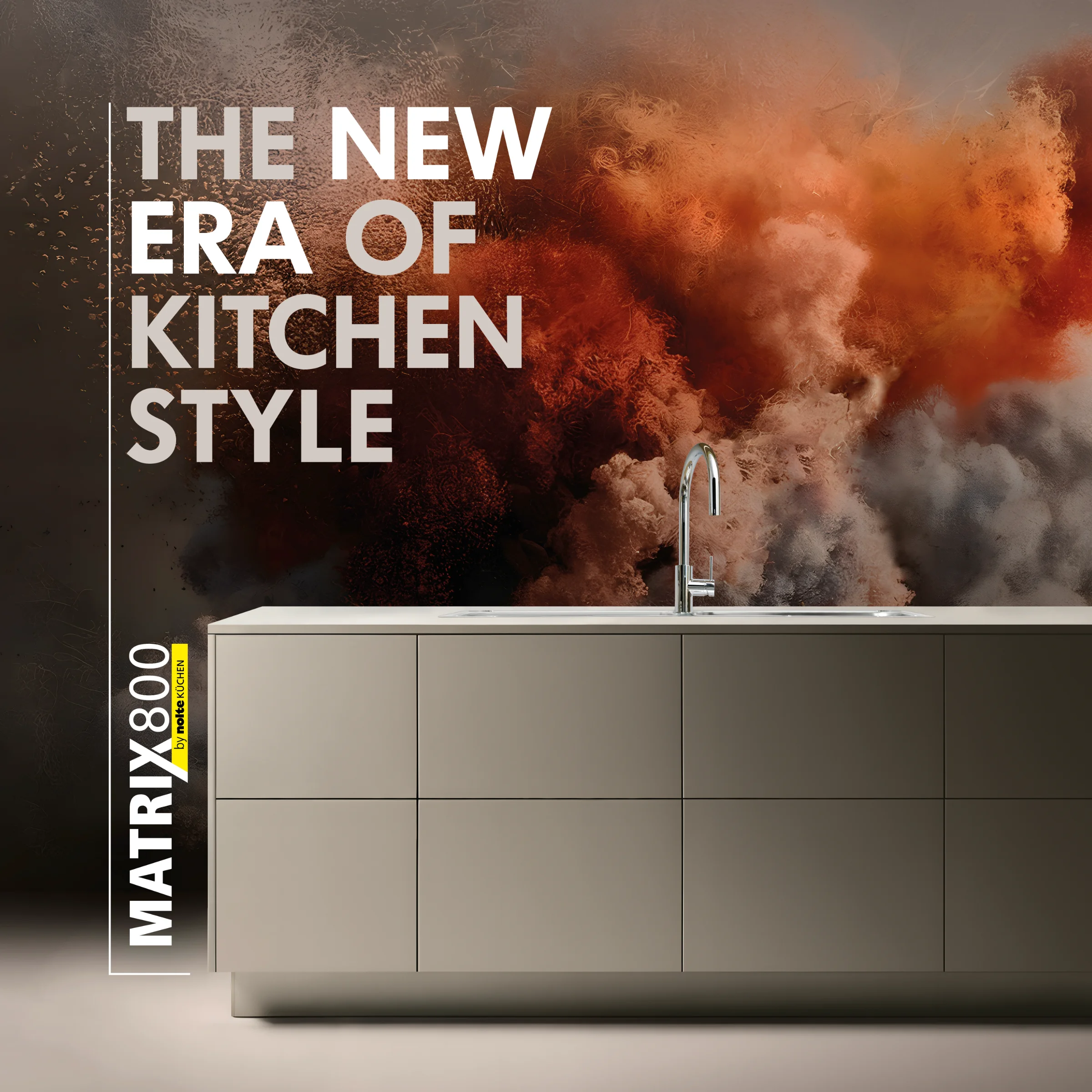 Isola cucina moderna su sfondo di fumo colorato, Nolte Kitchen.