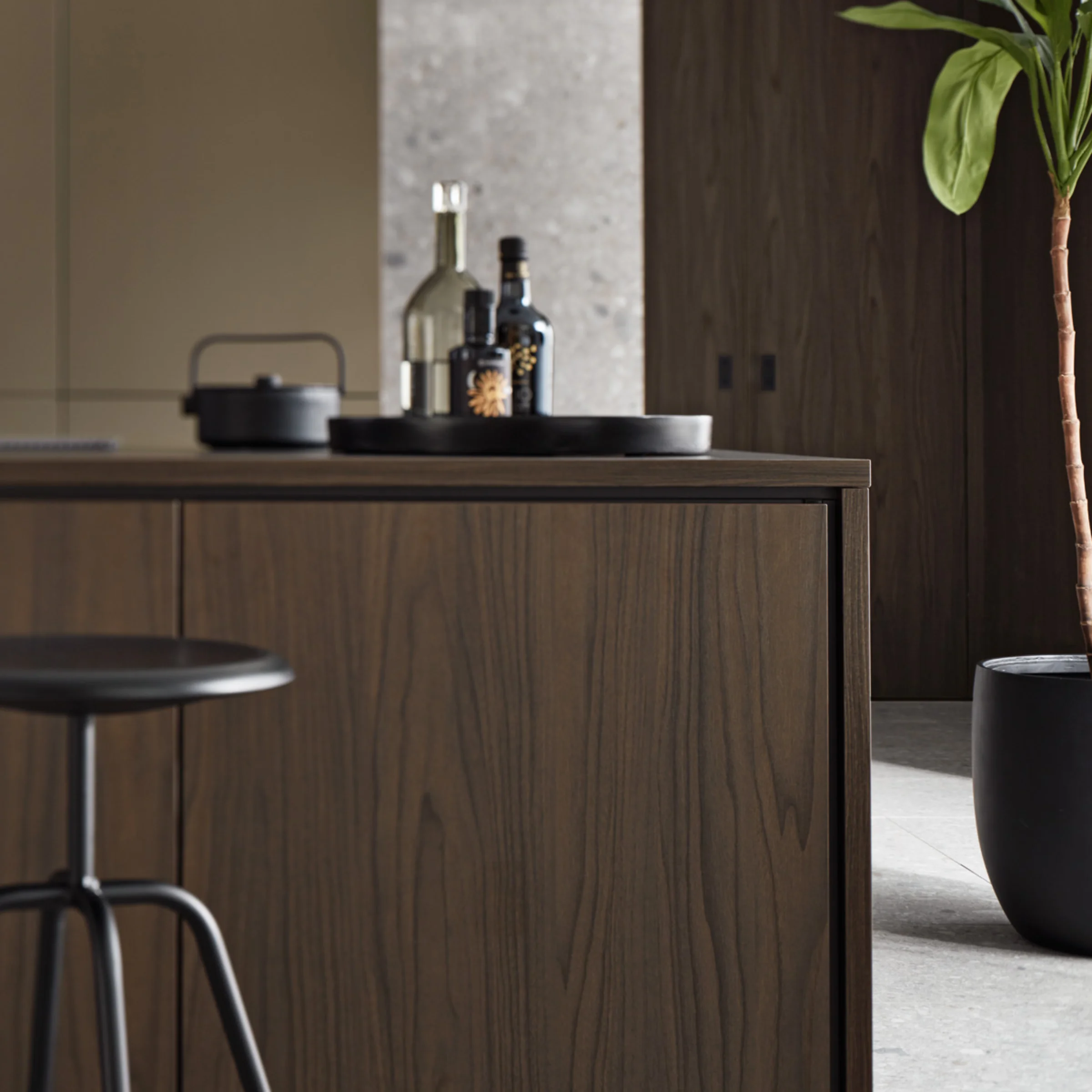 Cucina moderna con elementi in legno e piante, in stile Nolte Kitchen.