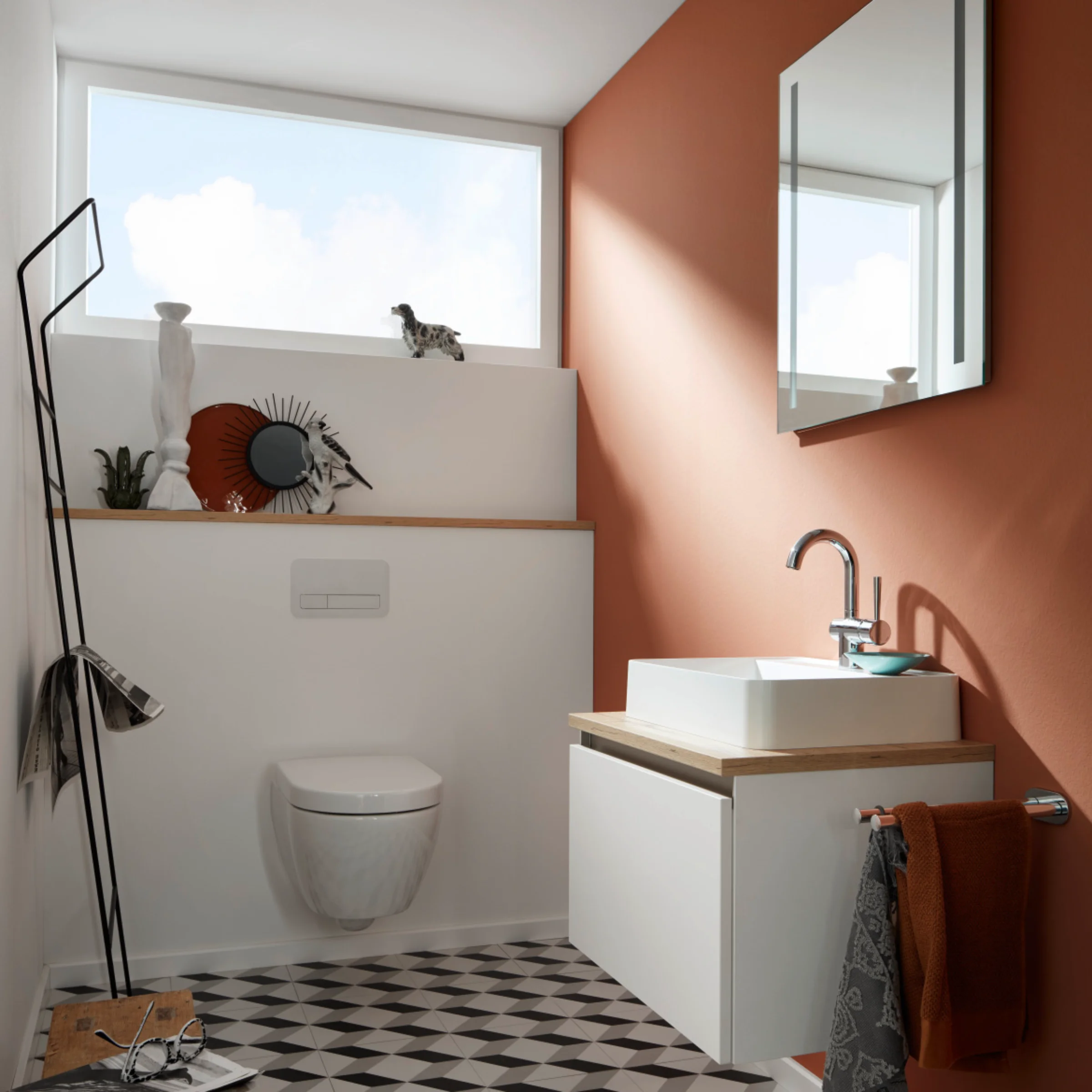 Bagno moderno con pavimento a piastrelle geometriche e specchio a parete, Nolte SPA.