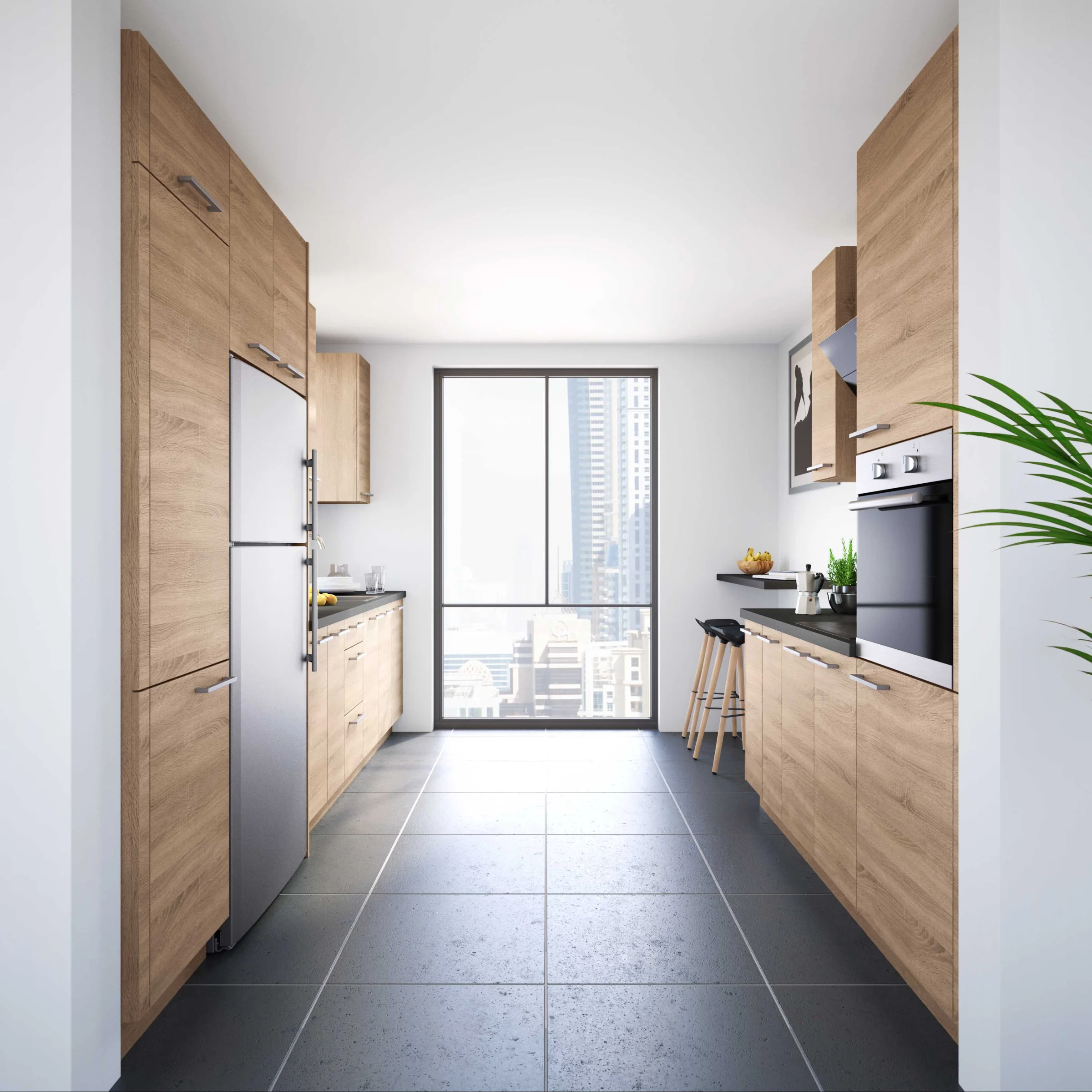Cucina moderna con elementi in legno e grandi finestre, arredata da Nolte Kitchen.