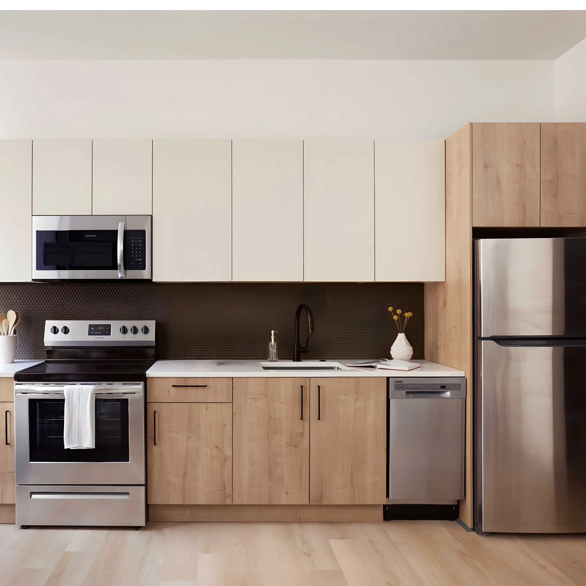 Cucina moderna con elementi in legno e elettrodomestici in acciaio inox, progettata da Nolte Kitchen.