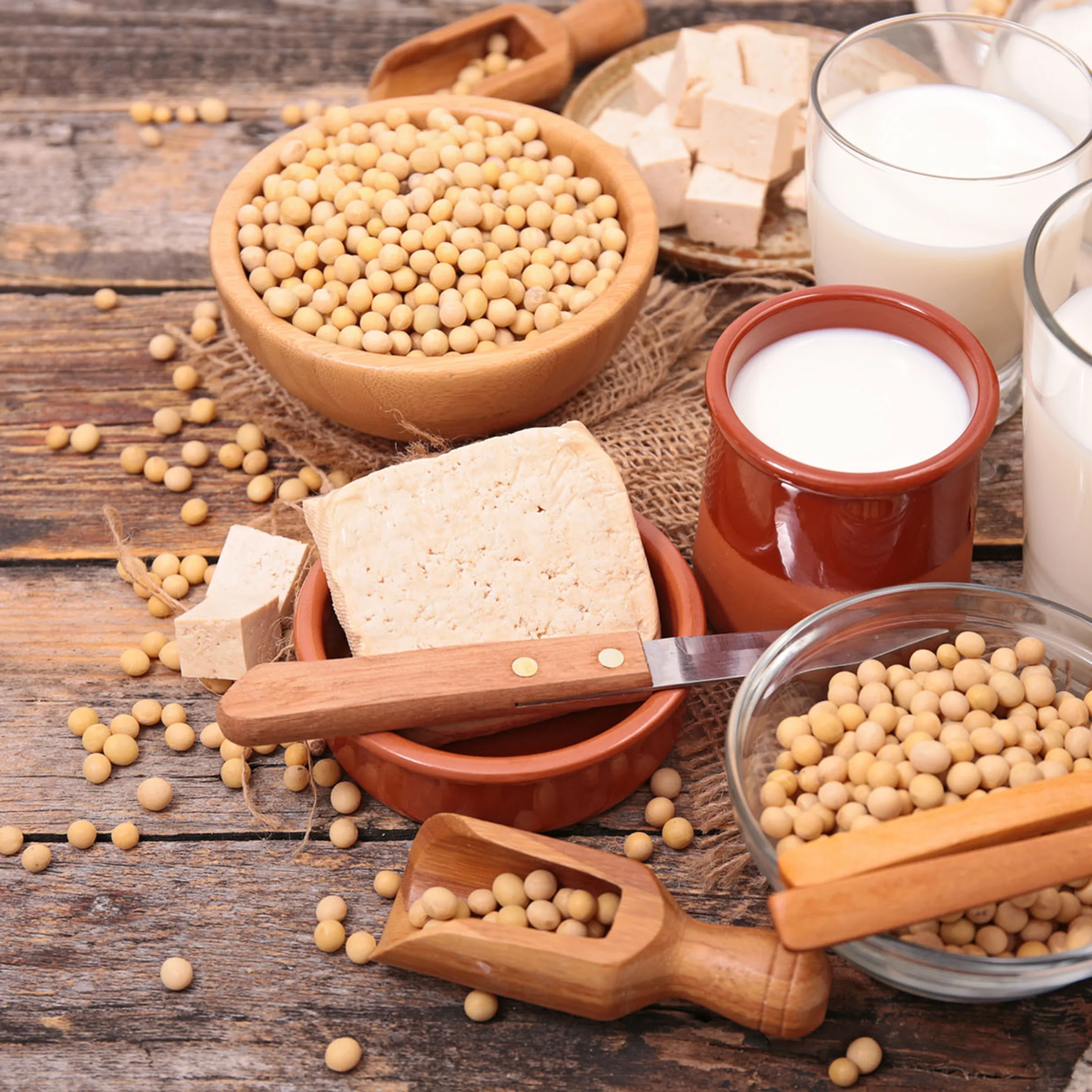 Su un tavolo di legno ci sono fagioli di soia, tofu e bicchieri di latte di soia.