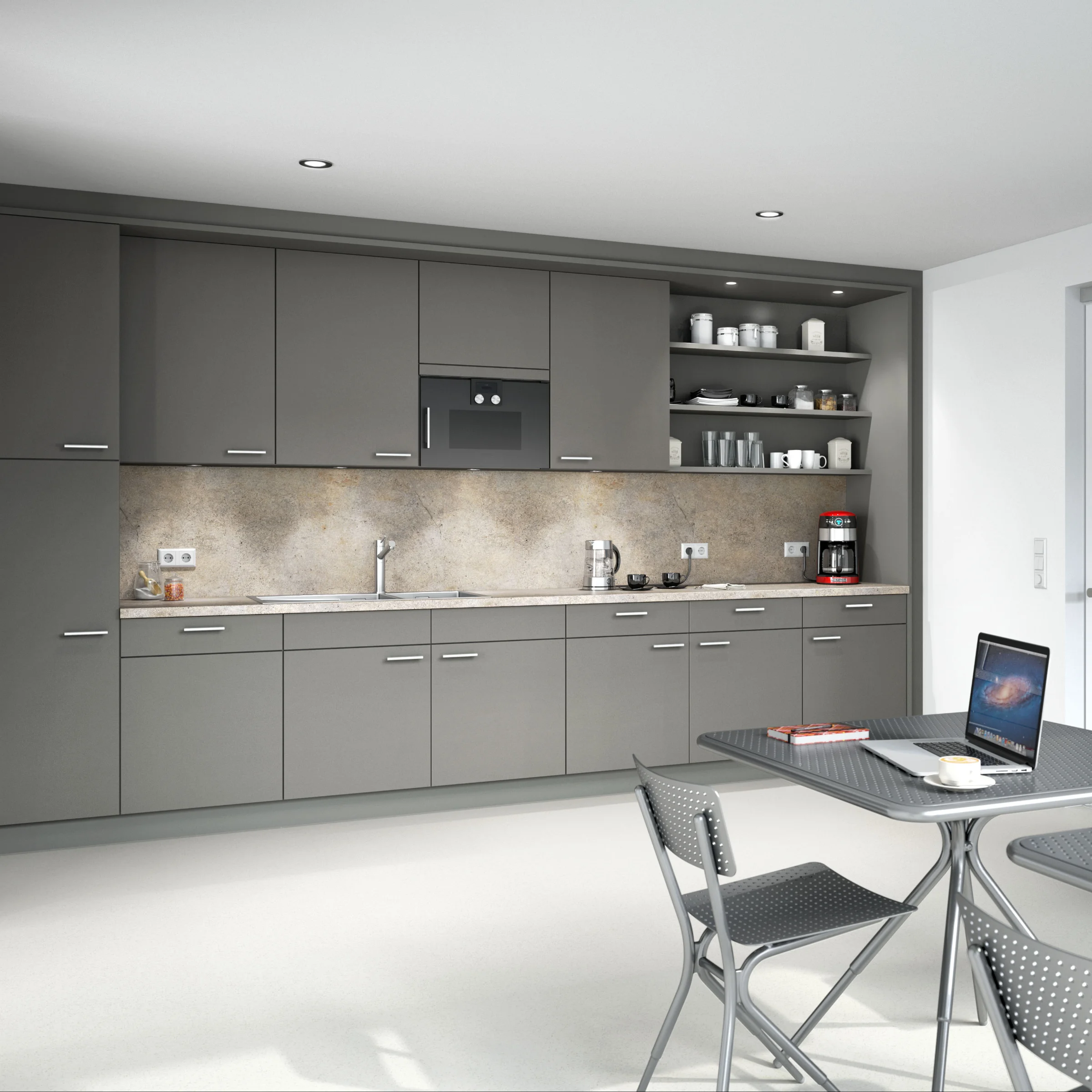 Cucina moderna con armadi grigi e tavolo da pranzo, progettata da Nolte Kitchen.