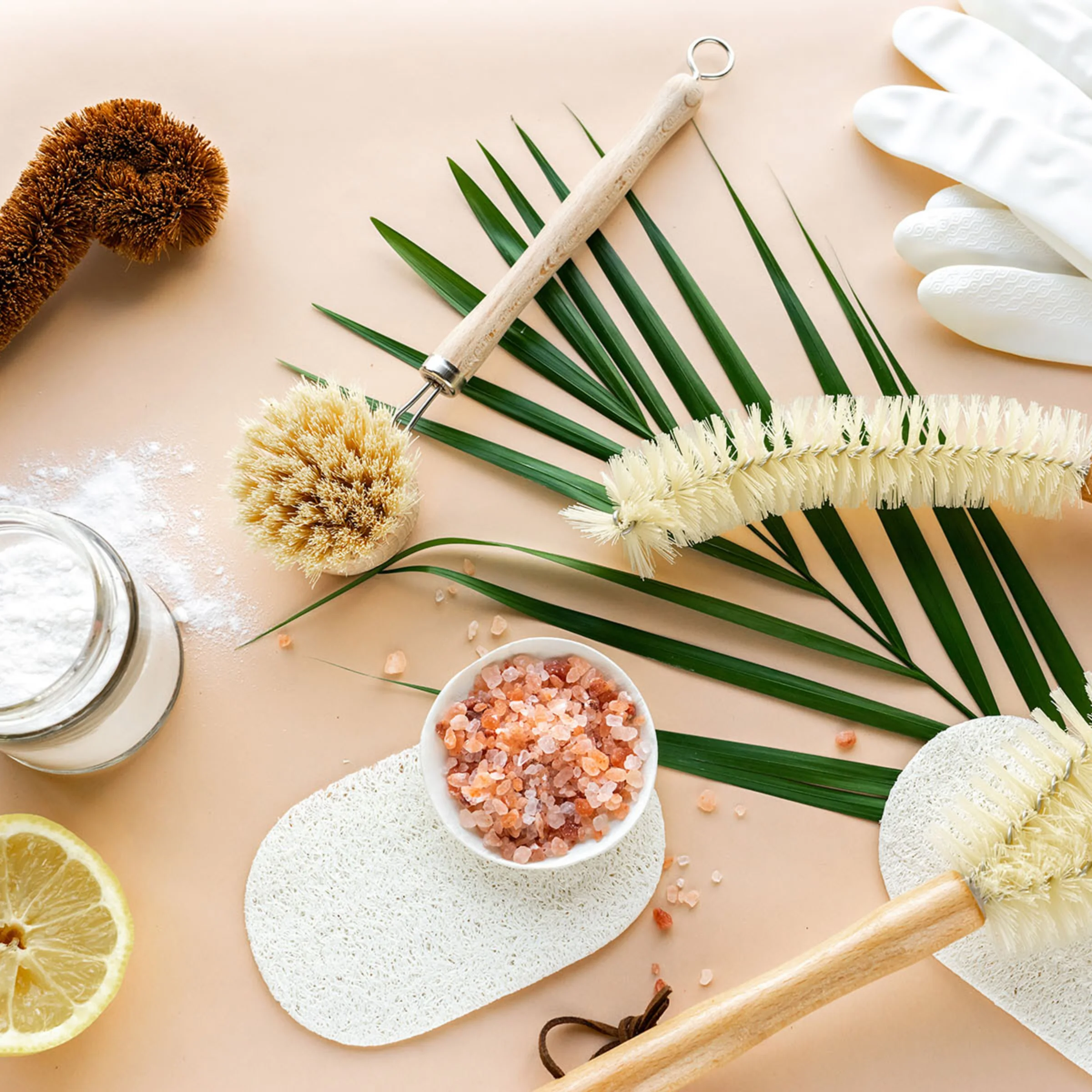 Utensili per pulizia naturale, fetta di limone e sale su sfondo chiaro.