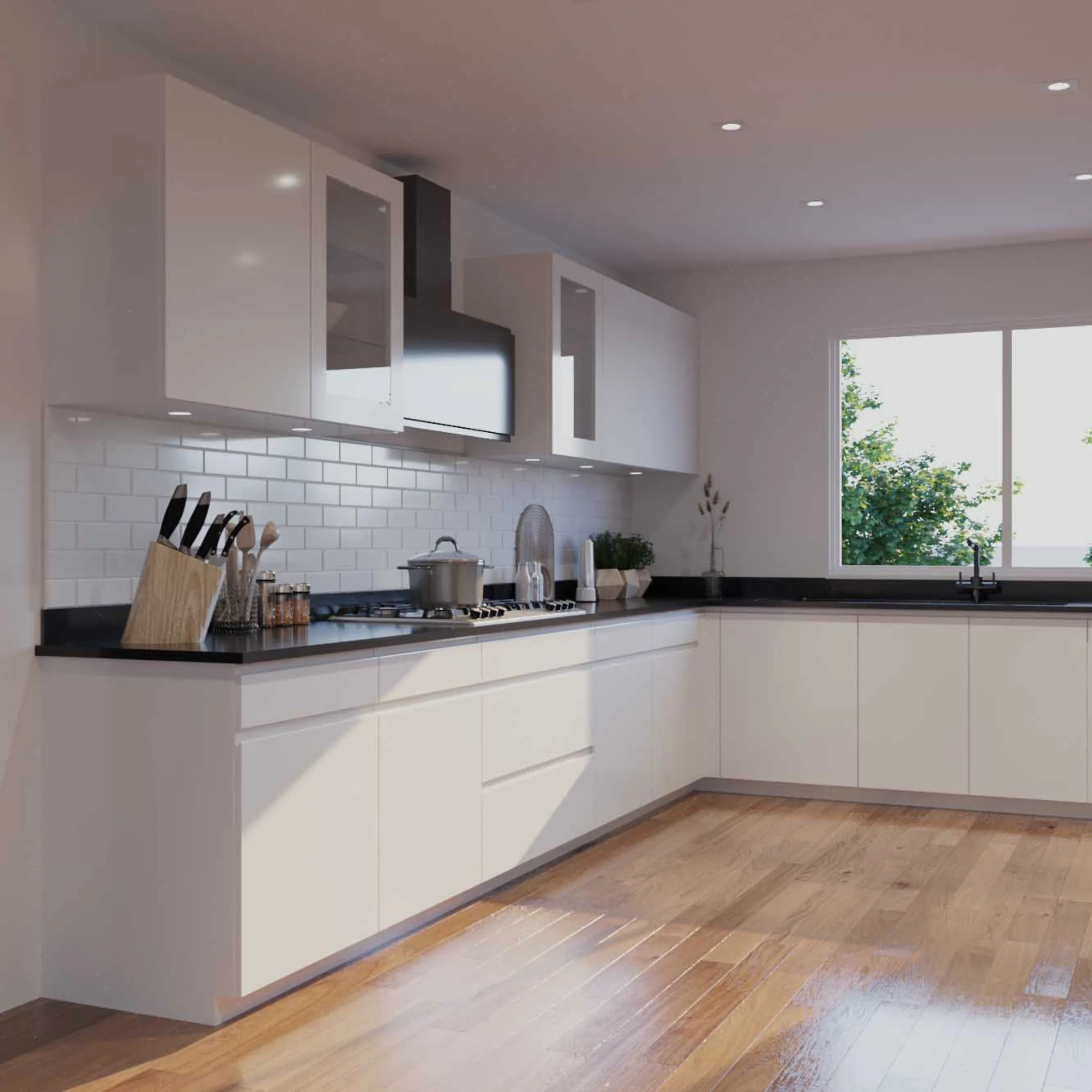 Cucina moderna con armadi bianchi e pavimento in legno, design di Nolte Kitchen.