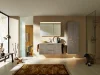 Bagno moderno con mobile in legno e doccia in vetro, design elegante di Nolte SPA.