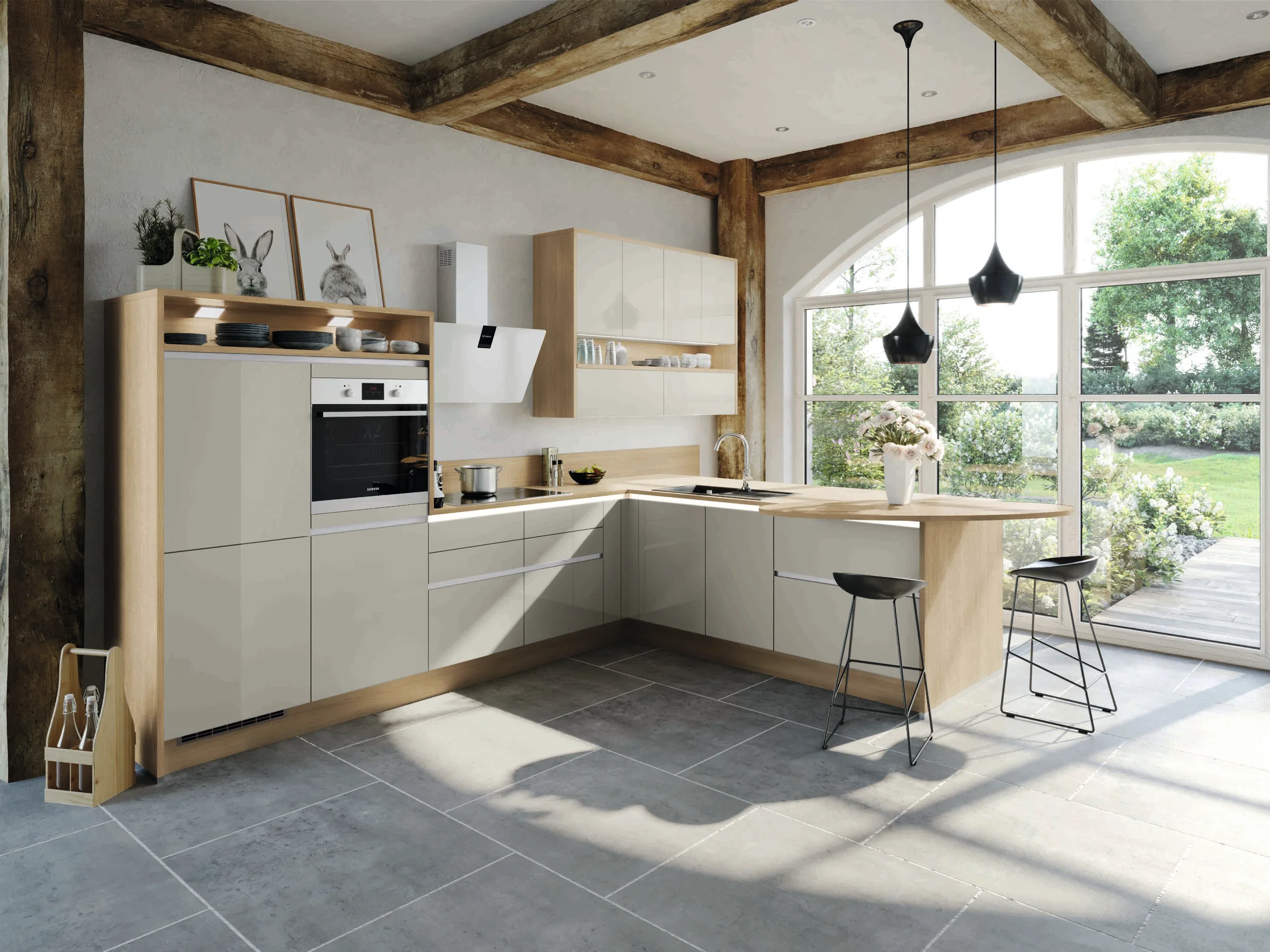 Cuisine moderne en bois et blanc, grandes fenêtres, tabourets. Express Küchen.