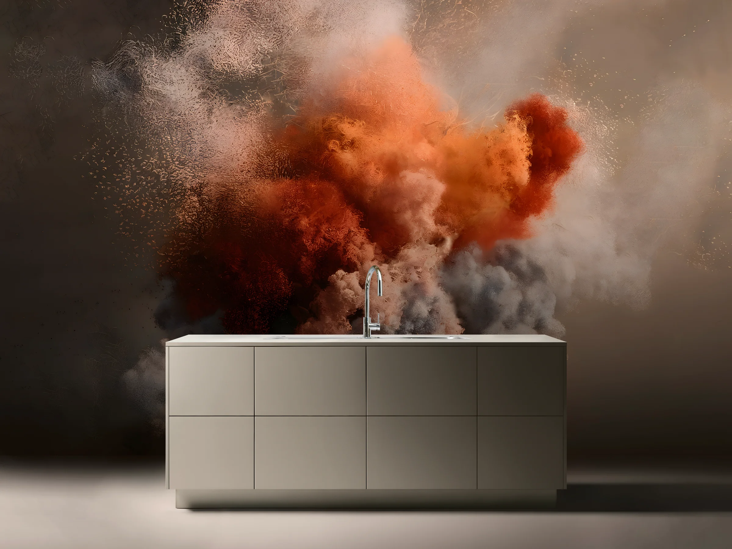 Cucina moderna di Nolte Kitchen con un'esplosione di colori drammatica sullo sfondo.