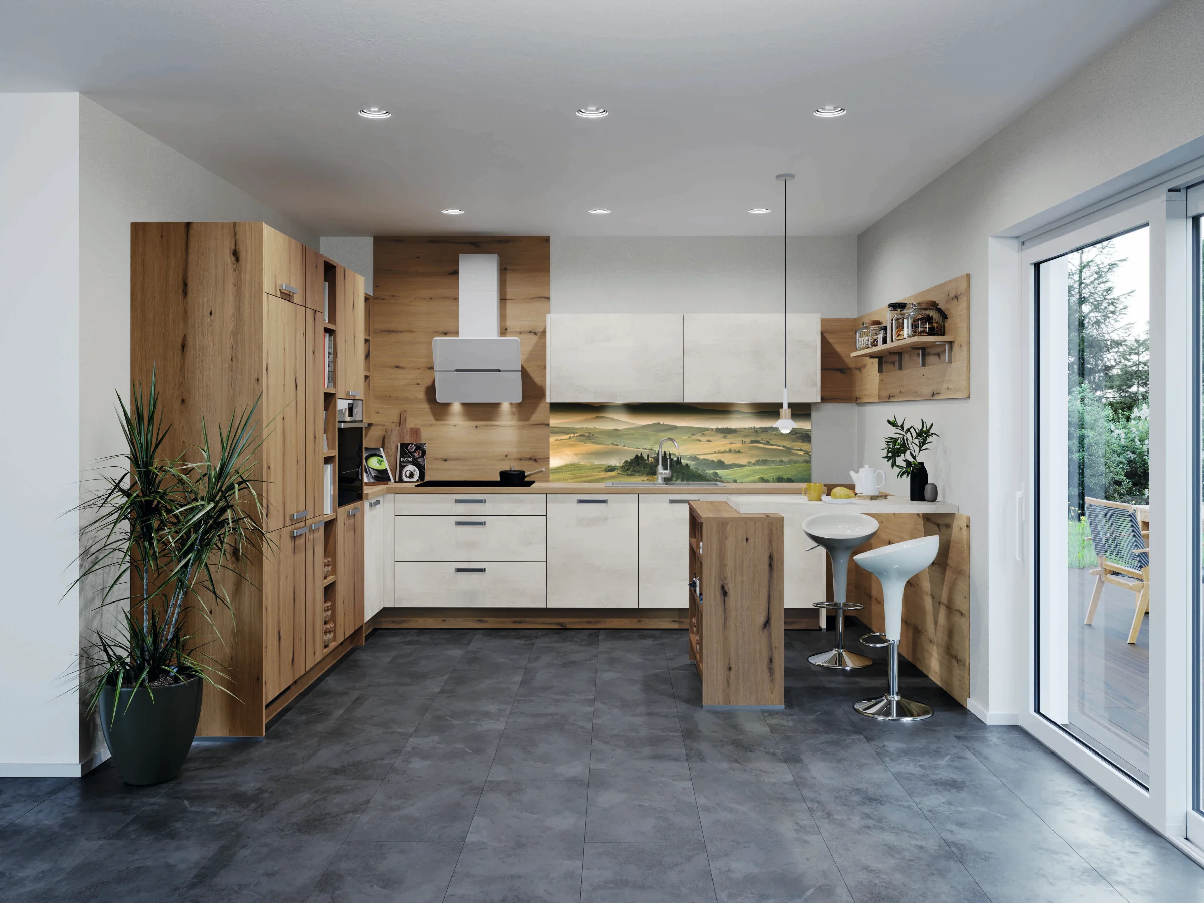 Cuisine moderne en bois et blanc d'Express Küchen avec un bar et des tabourets.