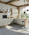 A modern kitchen with wood accents and large windows, Express Küchen.