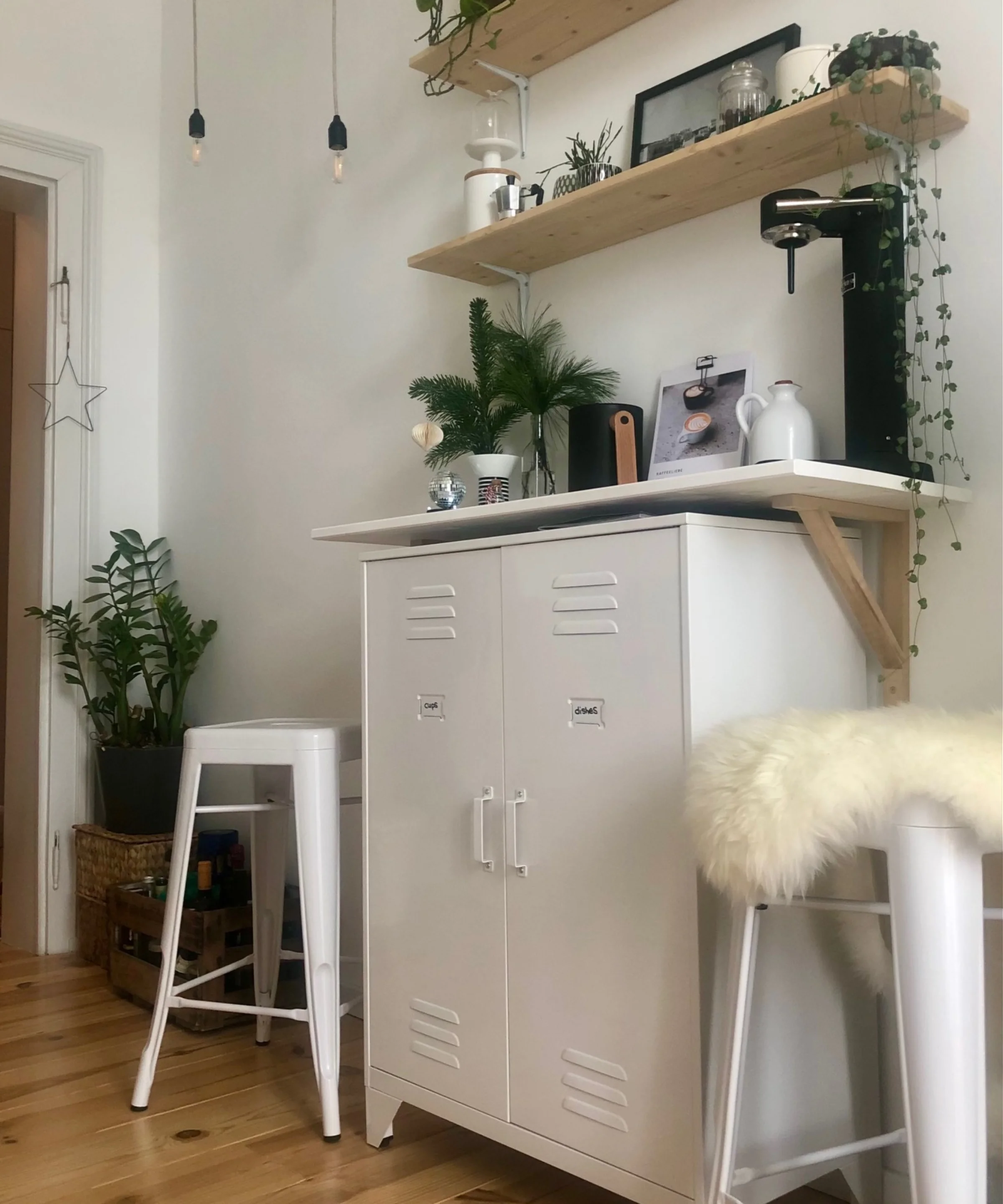 Una stanza accogliente con piante e scaffali, in stile Nolte Kitchen.