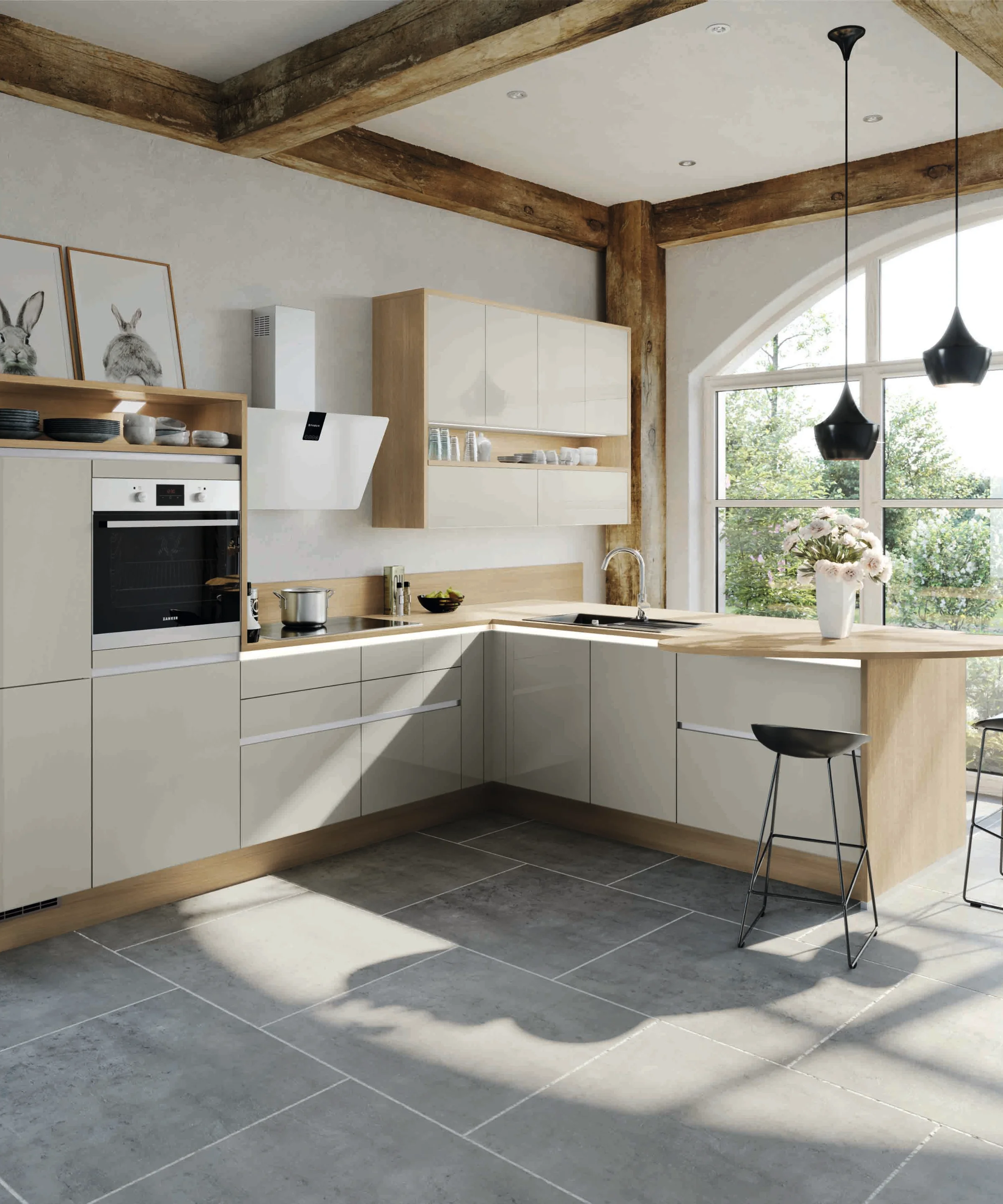 Cuisine moderne en bois et blanc, équipée d'appareils et décorations, offrant une ambiance lumineuse. Express Küchen.